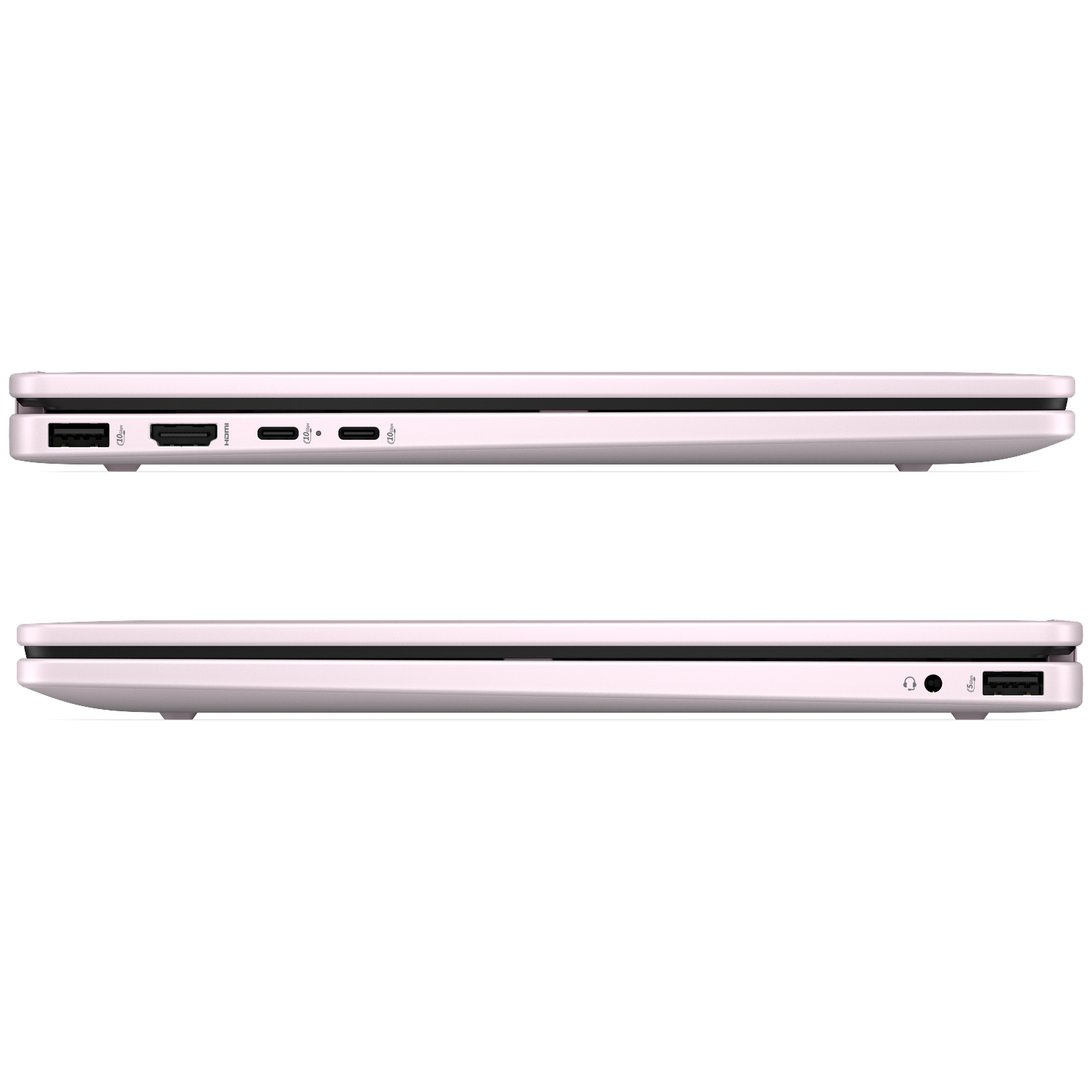 Closed light pink laptop showing ports on its sides.