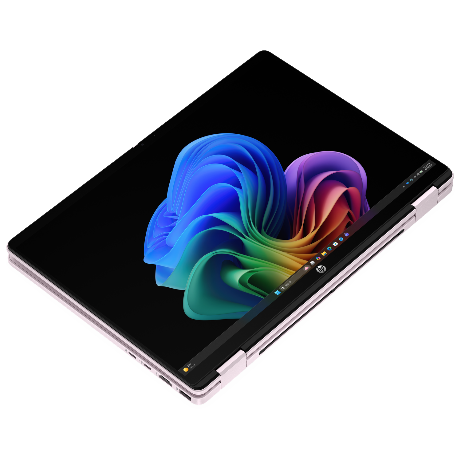 A pink laptop is open, displaying a colorful abstract background.