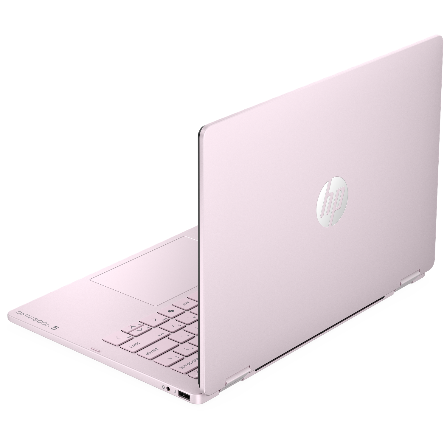 A pink HP Omnibook 5 laptop, open and viewed from a top-down angle.