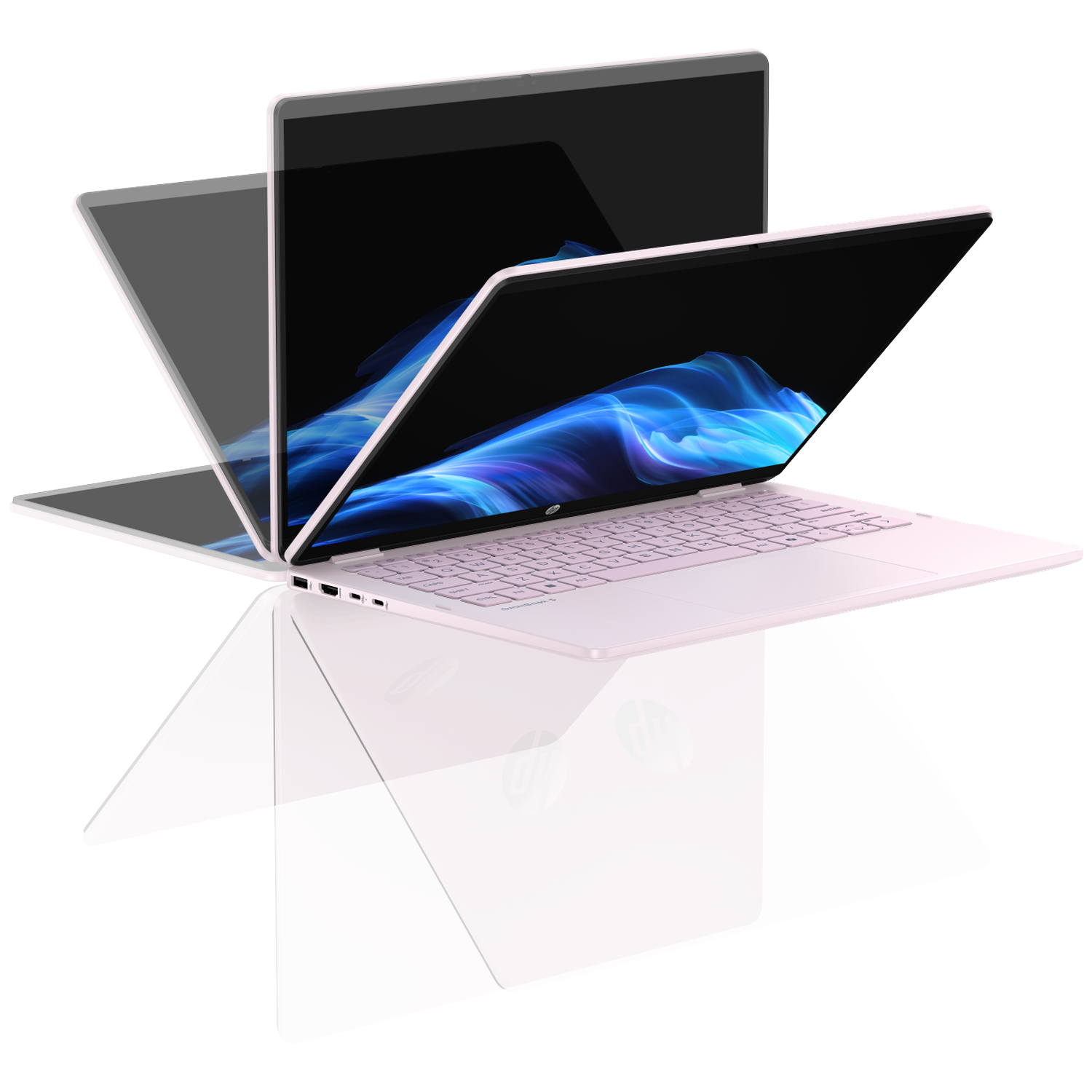 A light pink laptop with an open screen, casting a reflection.
