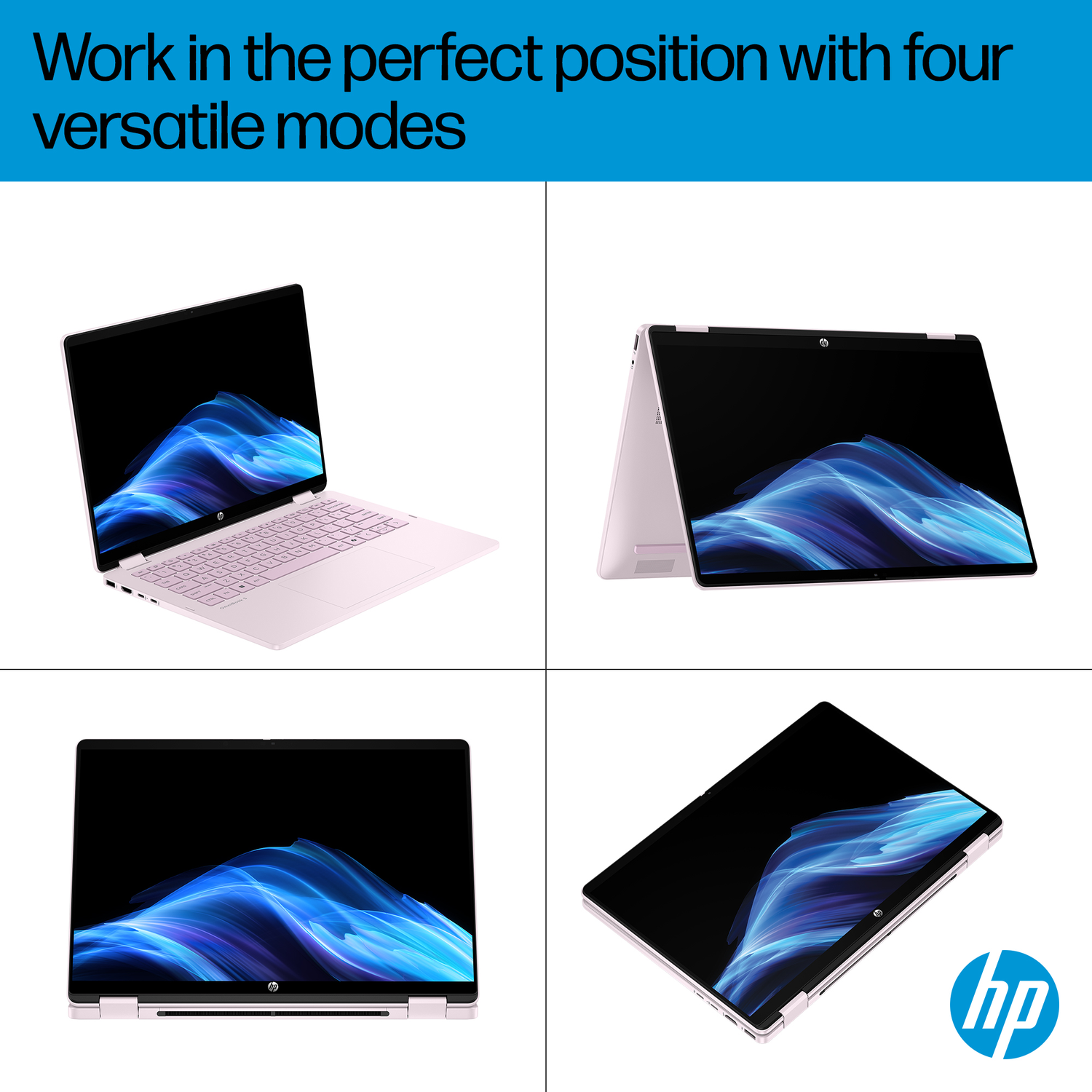 A pink HP laptop shown in four modes: open, tent, upright, and flat.