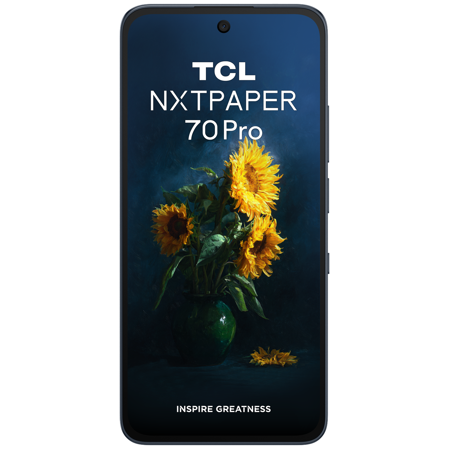 TCL NXTPAPER 70 Pro telefoon met zonnebloemen in vaas.