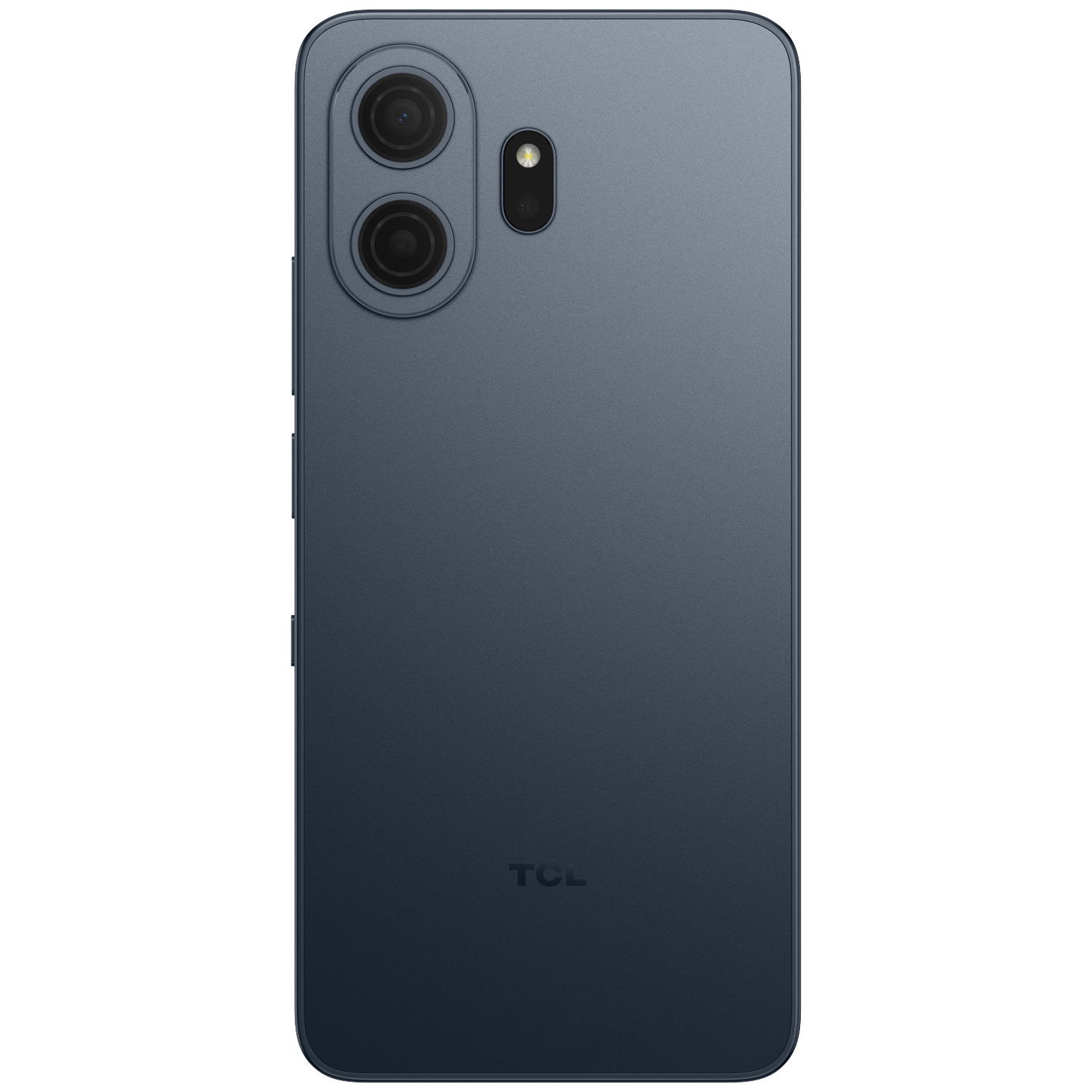 Achterkant van een leisteenblauwe smartphone met twee camera's en flitser.