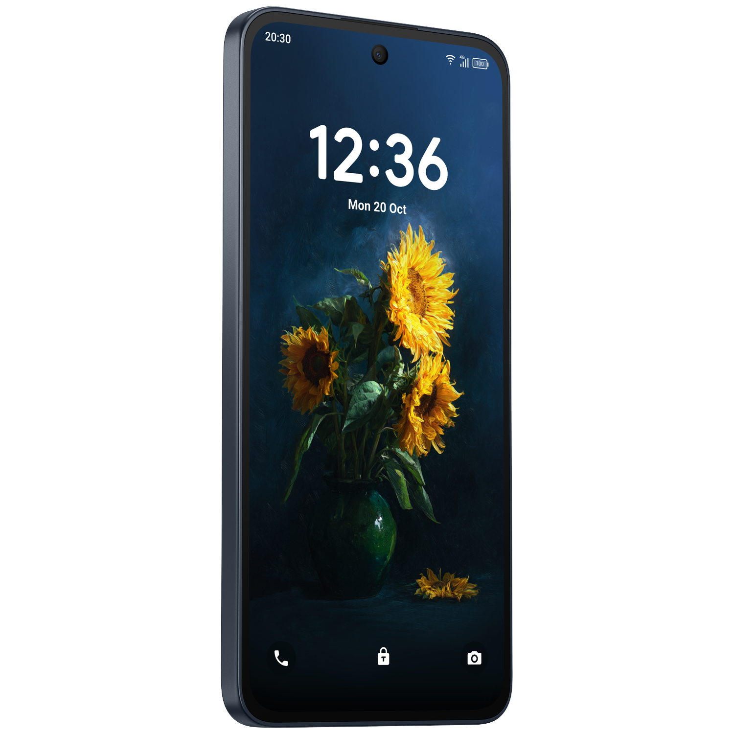 Een smartphone toont zonnebloemen in een vaas op het vergrendelingsscherm.