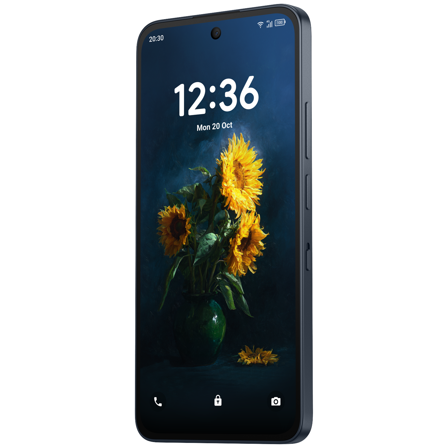 Smartphone met zonnebloemachtergrond, 12:36, ma 20 okt.