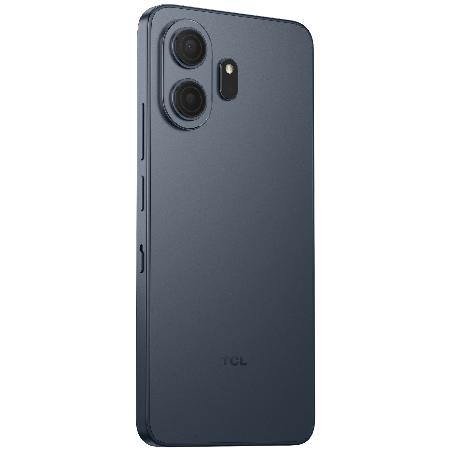 Donkerblauwe smartphone met dubbele camera en flitser aan de achterkant.