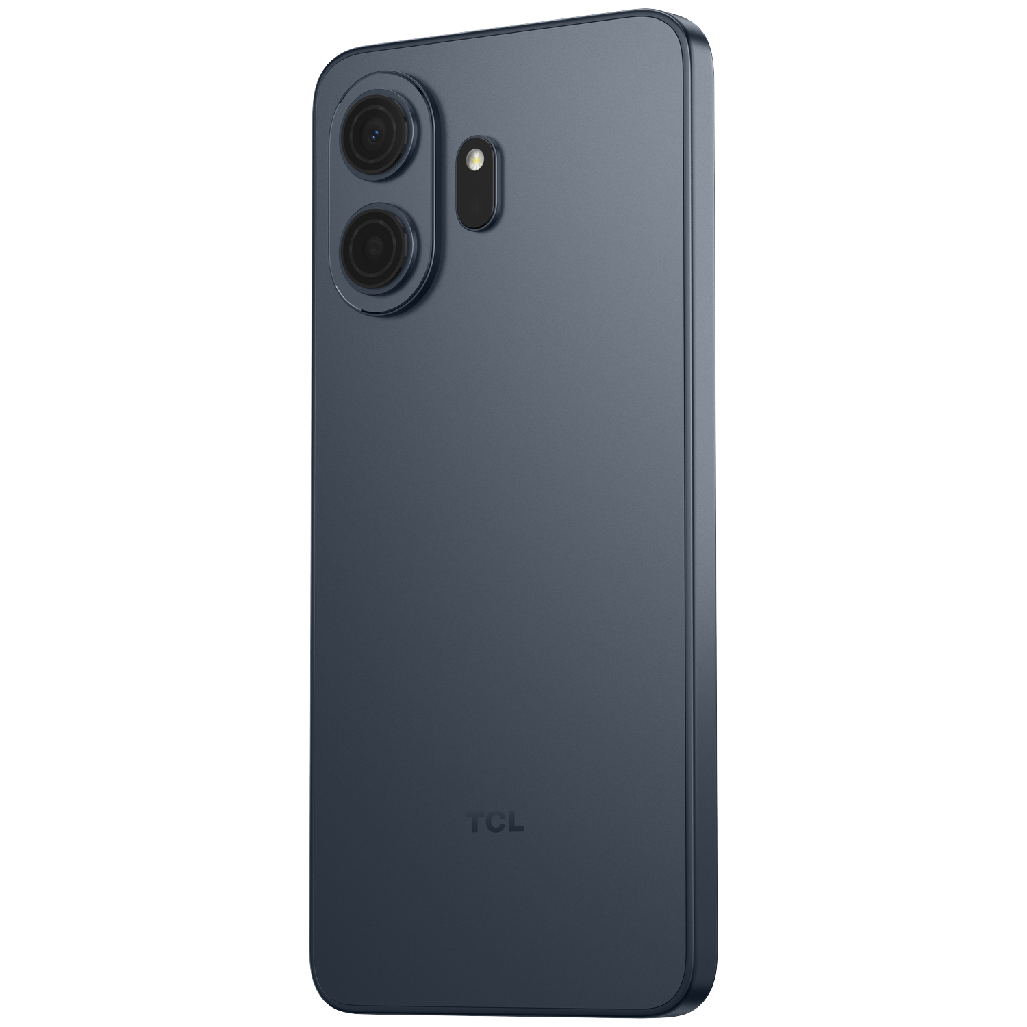 Donkerblauwe TCL smartphone met twee cameralenzen en flitser.