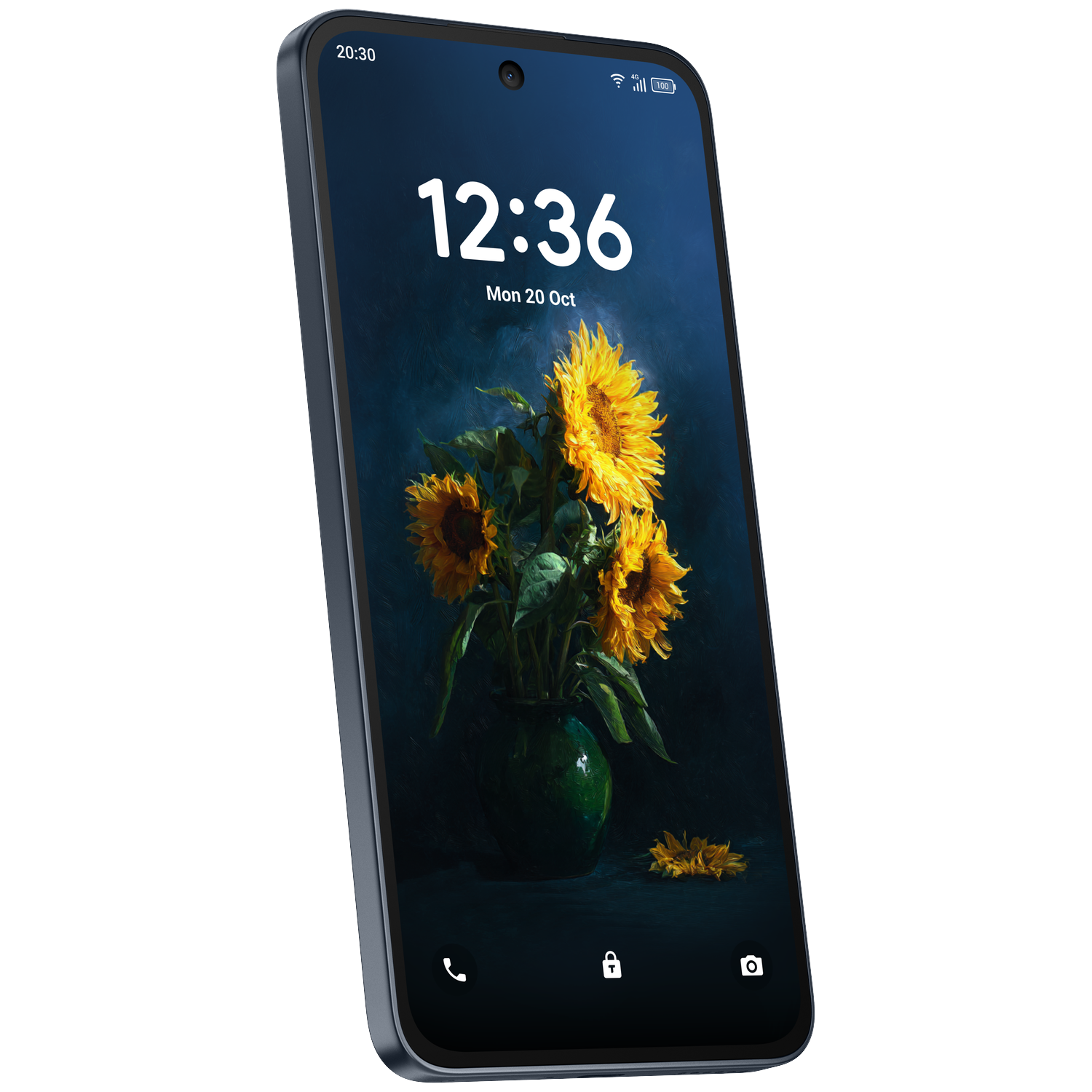 Een smartphone met een achtergrond van zonnebloemen in een vaas.