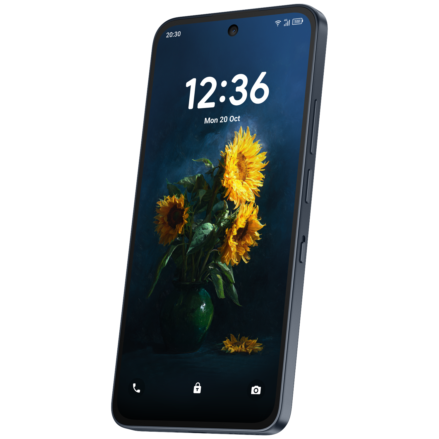 Een smartphone toont zonnebloemen in een vaas op het vergrendelingsscherm.
