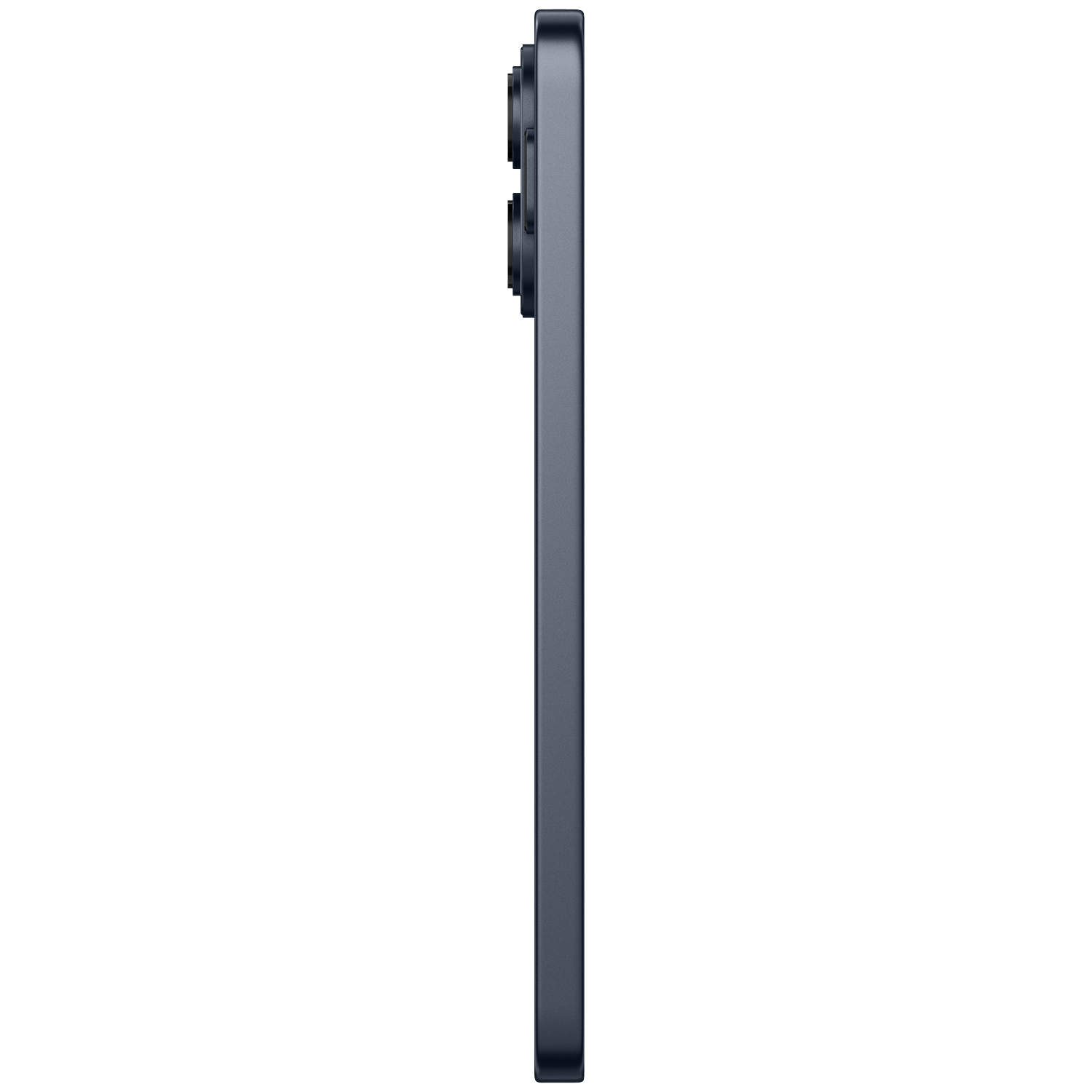 Donkergrijs smartphone met drie camera's, van opzij gezien.