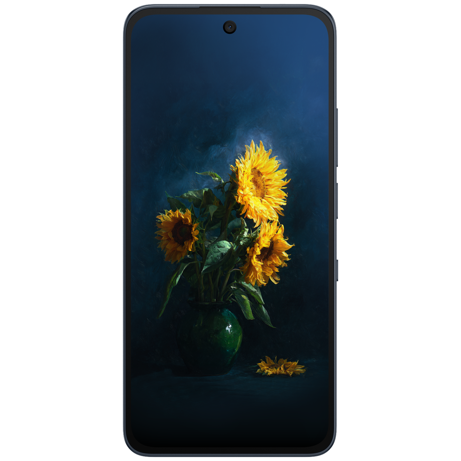 Een boeket zonnebloemen in een groene vaas, tegen een donkere achtergrond.