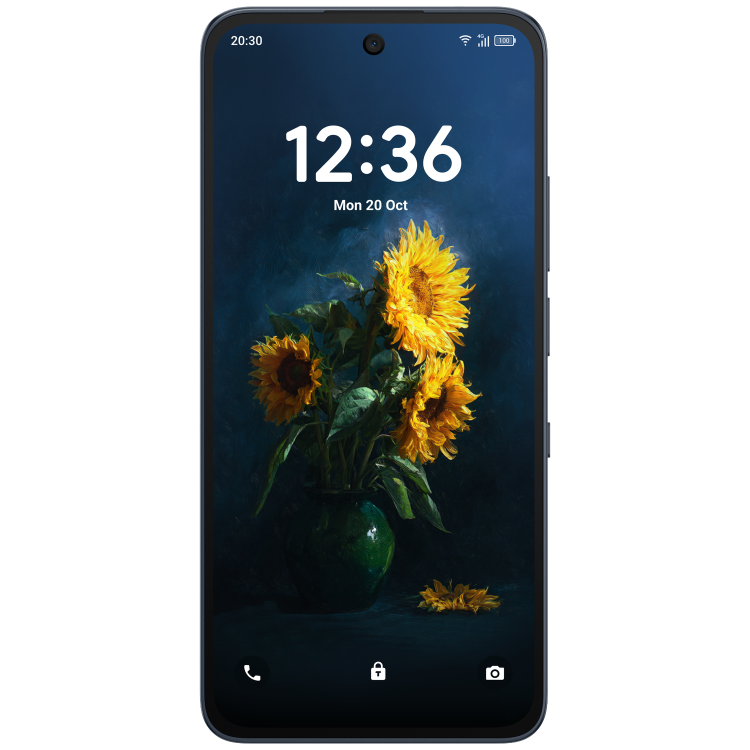 Smartphone-vergrendelingsscherm met zonnebloemen in een vaas en de tijd 12:36.