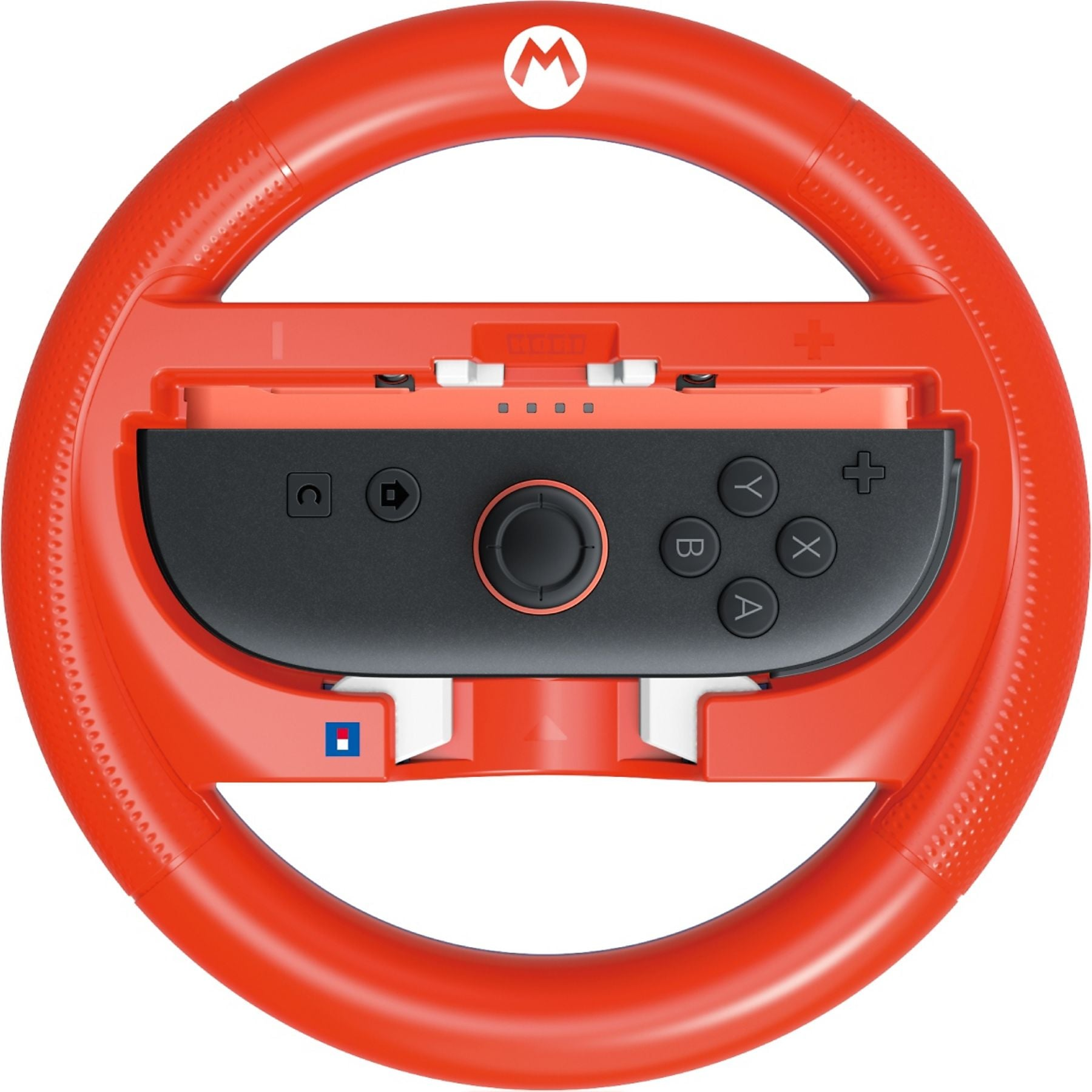 Un volante rojo de Mario para Nintendo Switch con controles negros.
