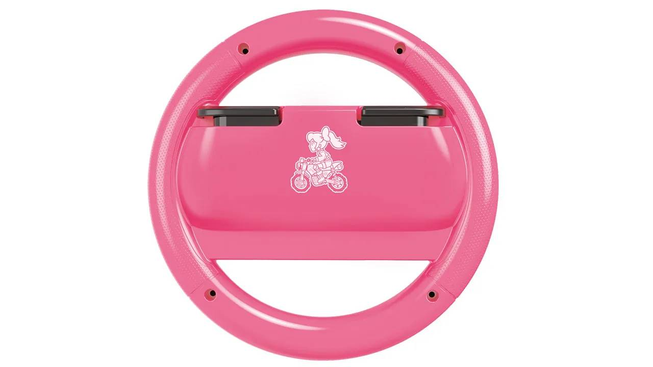 Un volante rosa con una pegatina de niña en moto.