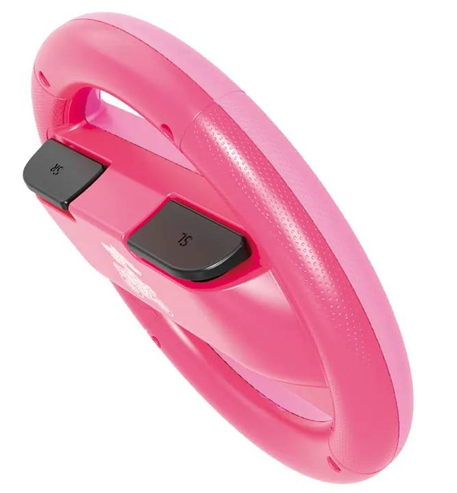 Un volante rosa con botones negros 'SR' y 'SL'.