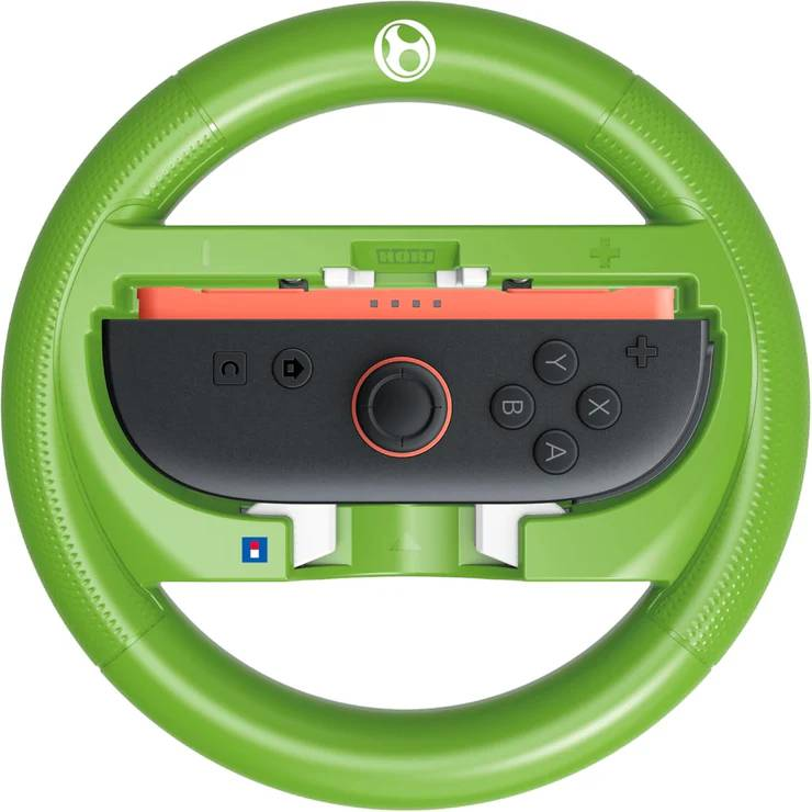 Volante verde con mando negro y Joy-Con naranja de Nintendo Switch.