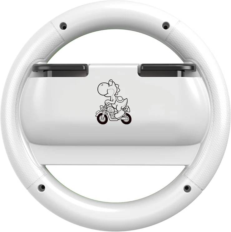 Un volante blanco con un adhesivo de Yoshi en una motocicleta.