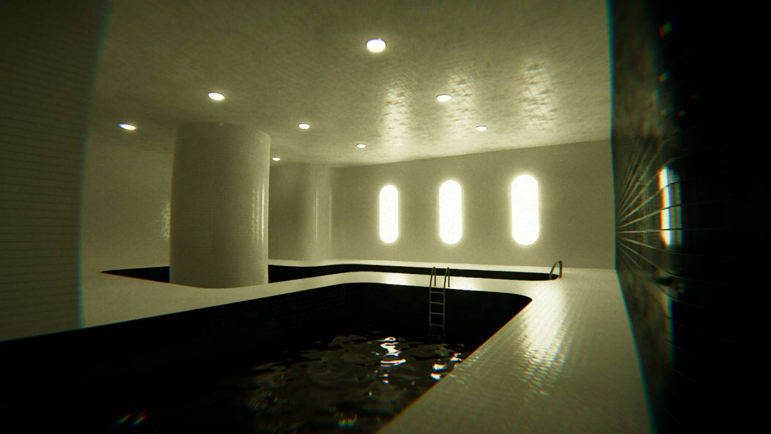 Una piscina oscura con escalera, rodeada de azulejos blancos y ventanas ovaladas.