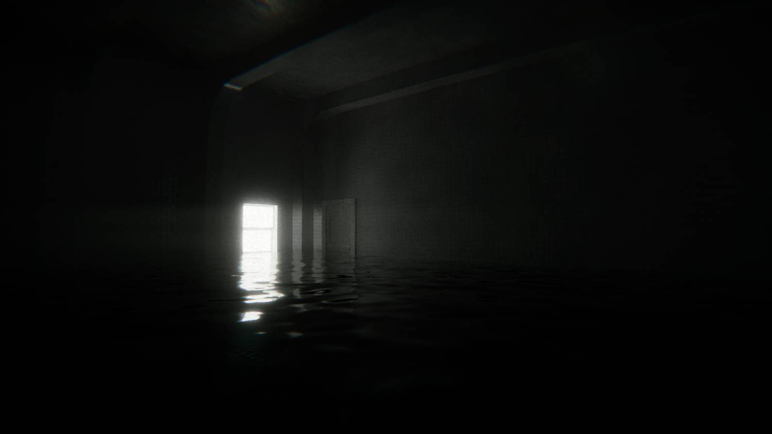 Un cuarto oscuro lleno de agua, luz entra por una ventana.