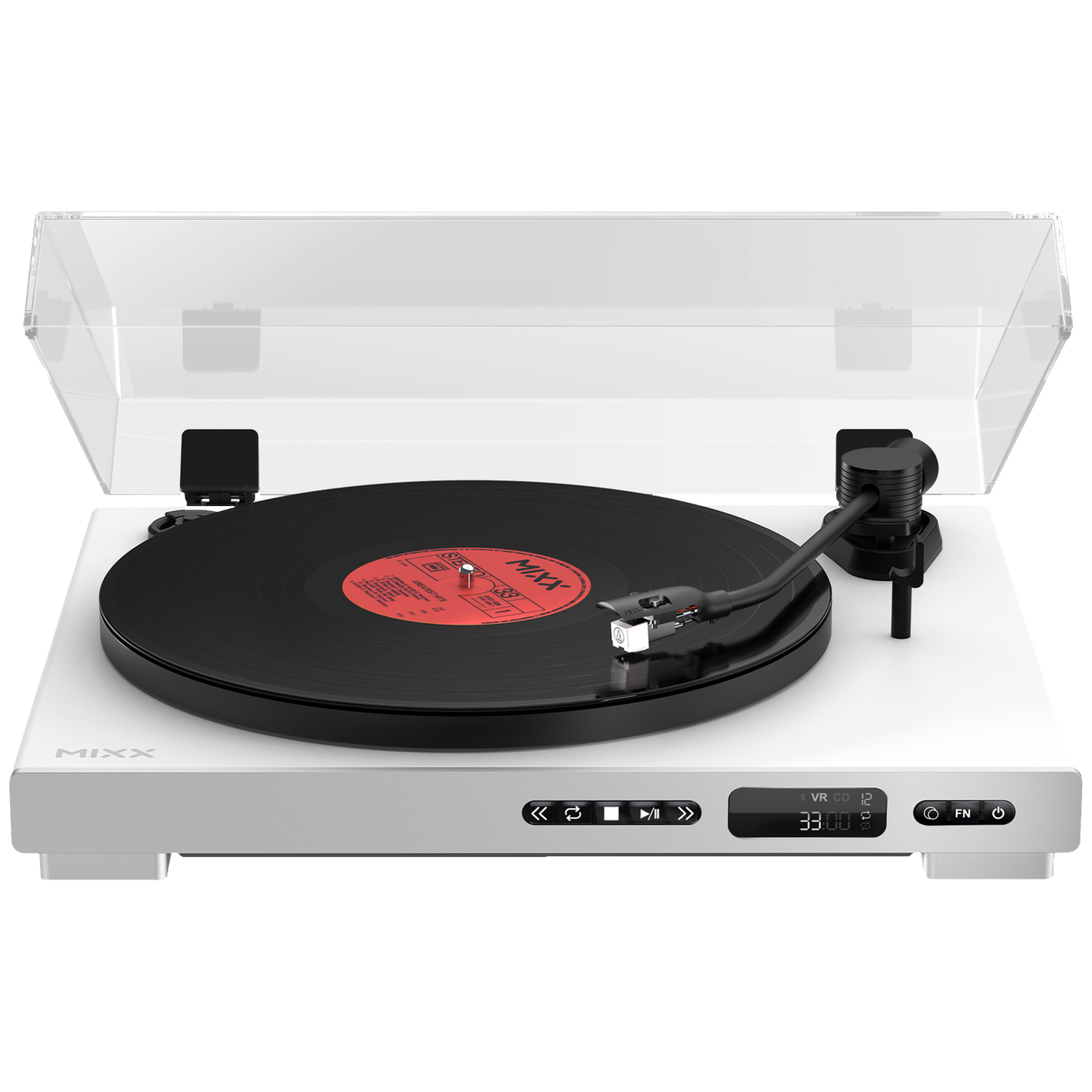 Een witte draaitafel met een zwarte vinylplaat en een doorzichtig deksel.