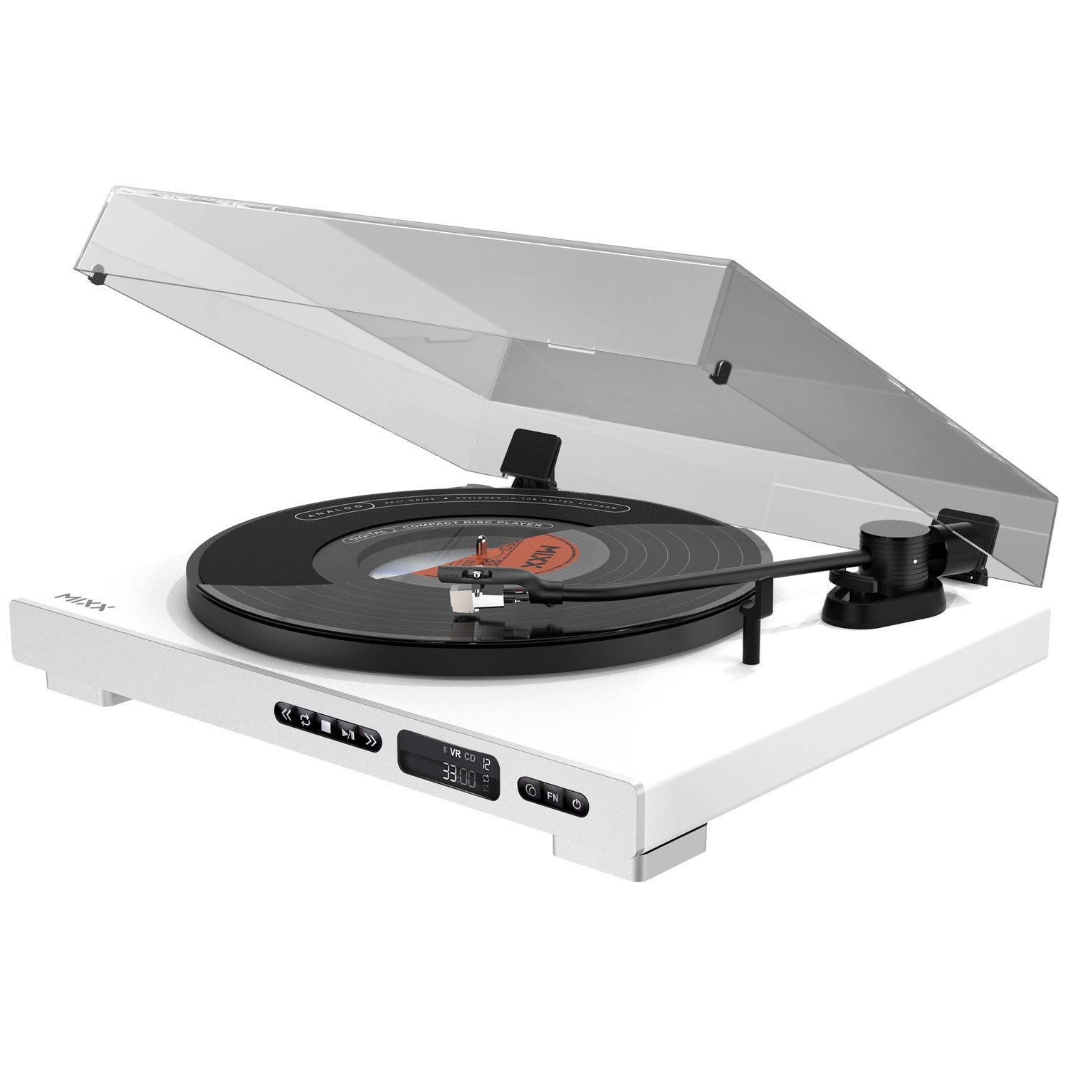 Moderne witte platenspeler met deksel open, speelt een vinylplaat af.
