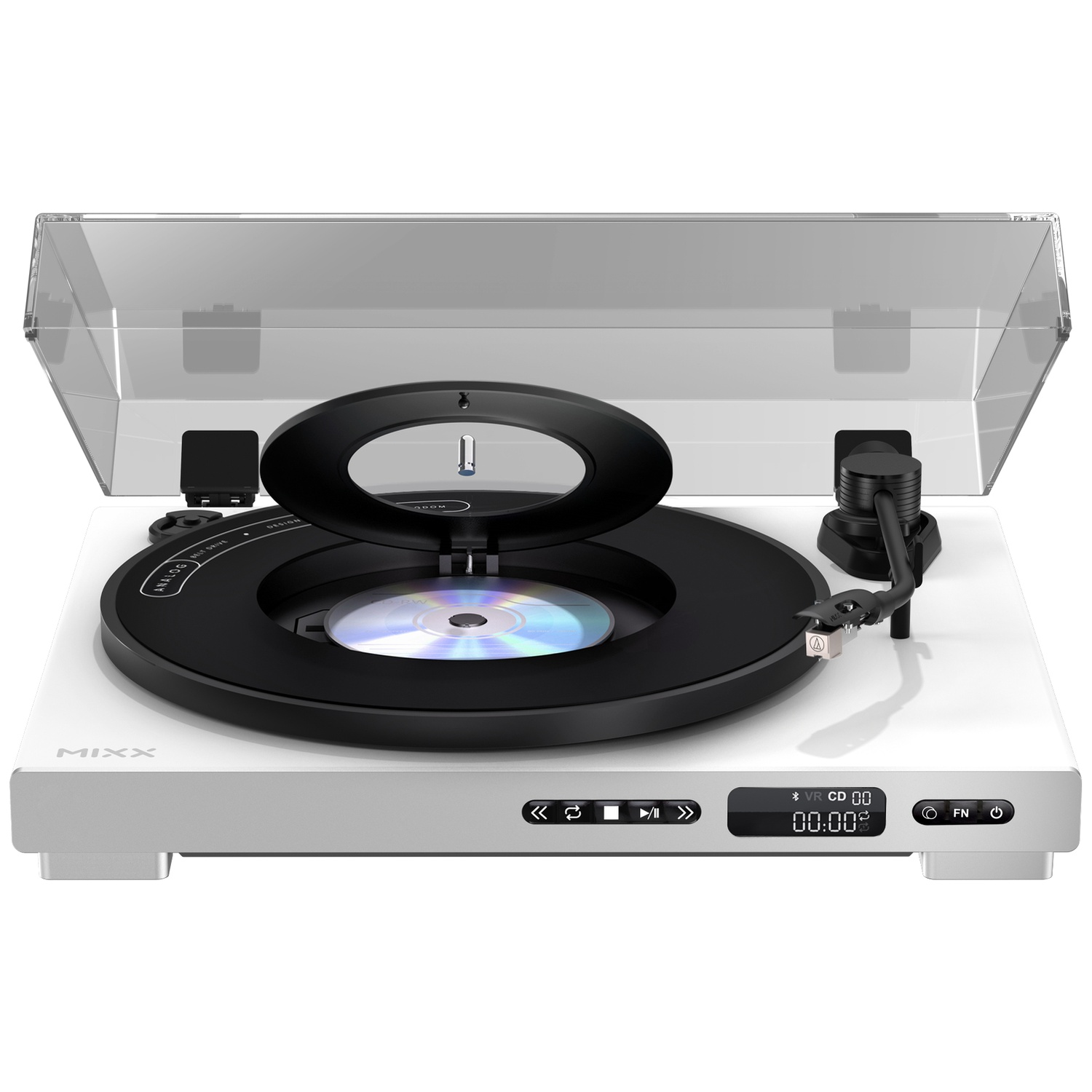 Een witte platenspeler met CD-sleuf, naald en doorzichtig deksel, toont digitale tijd.