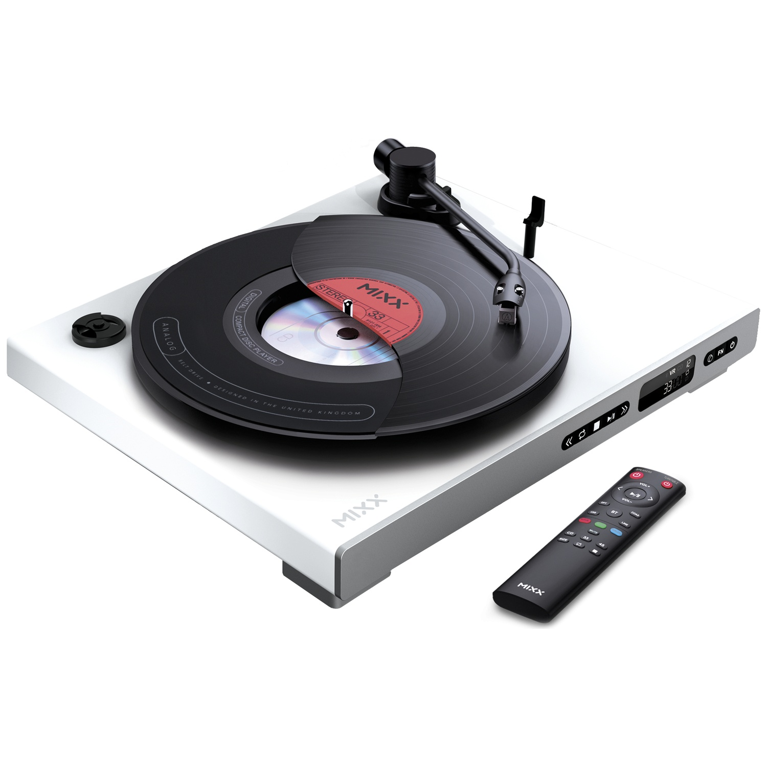 Een witte platenspeler met een zwarte vinylplaat en afstandsbediening.