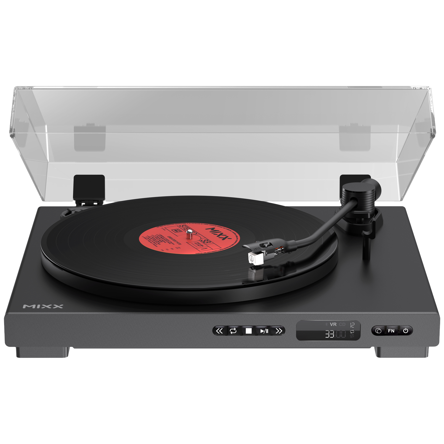 Une platine vinyle sombre avec un disque vinyle en lecture et un capot transparent ouvert.