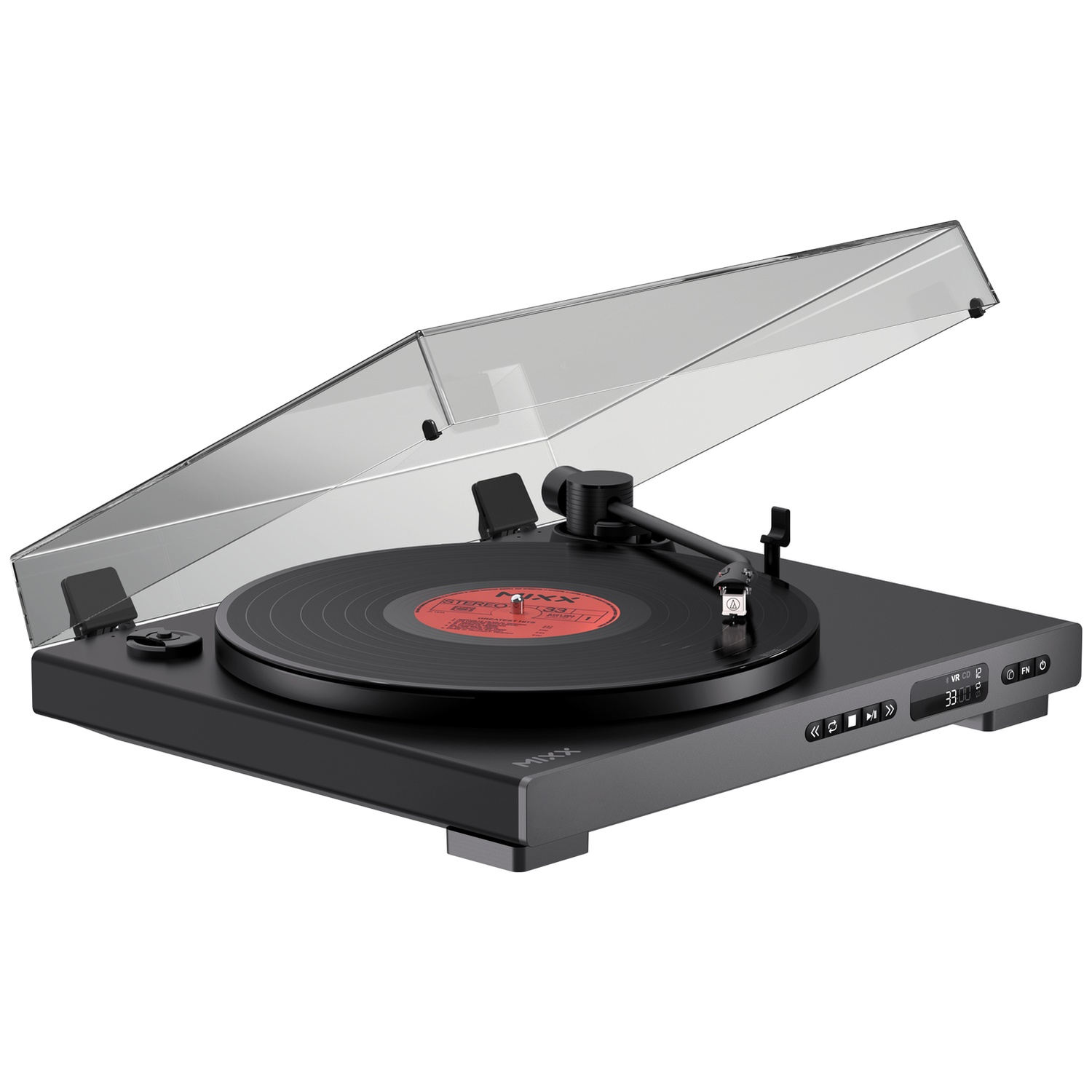 Platine vinyle noire avec couvercle transparent relevé et disque vinyle.