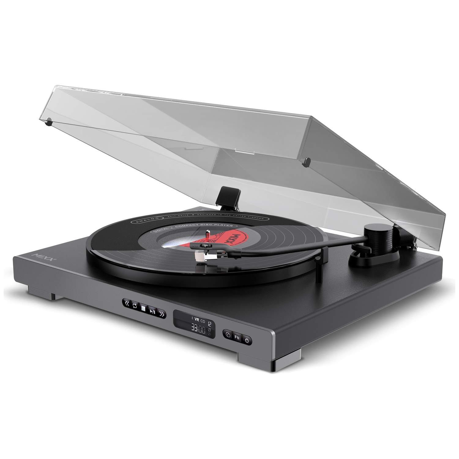 Une platine vinyle noire avec un disque et un couvercle transparent.