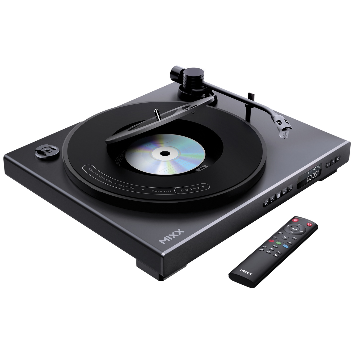 Platine vinyle noire avec télécommande et CD.
