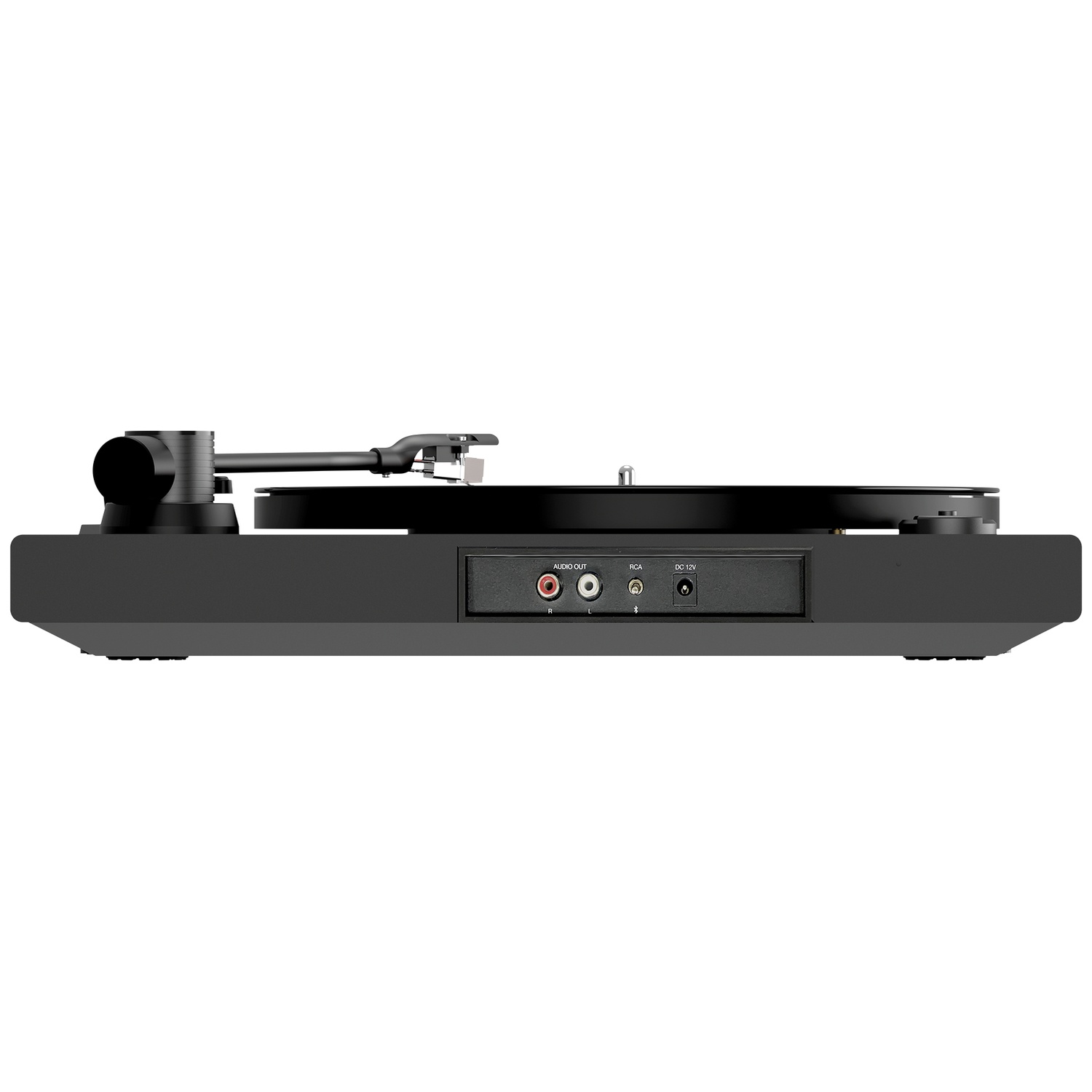 Platine vinyle noire avec bras de lecture et ports de connexion arrière.