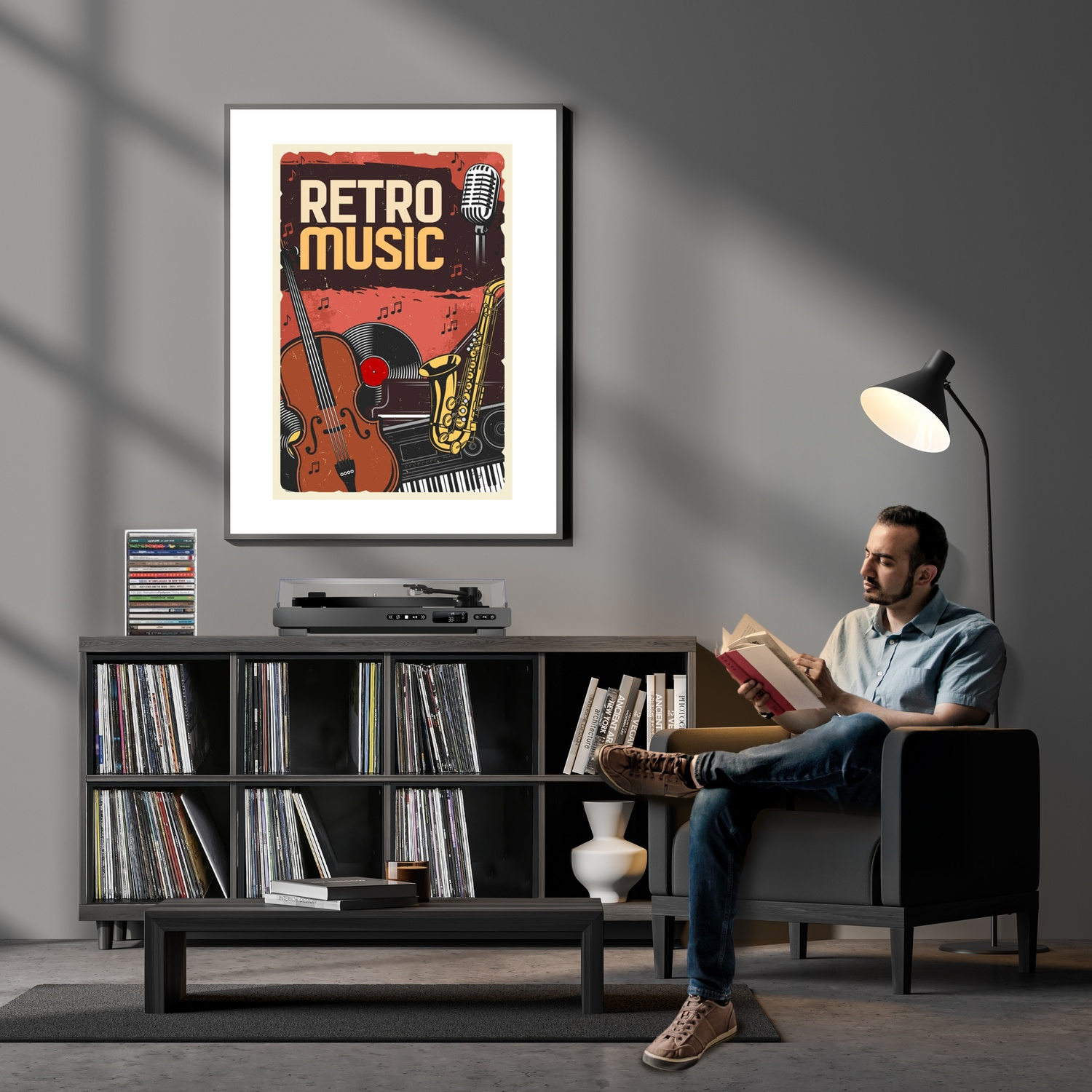 Homme lisant un livre dans un fauteuil, meuble disques vinyles, affiche musique rétro.
