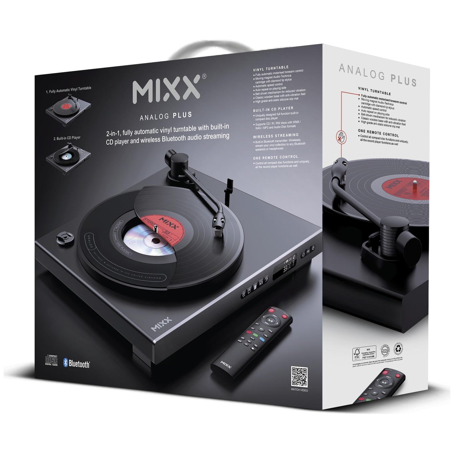 Platine vinyle noire avec lecteur CD, télécommande et emballage.