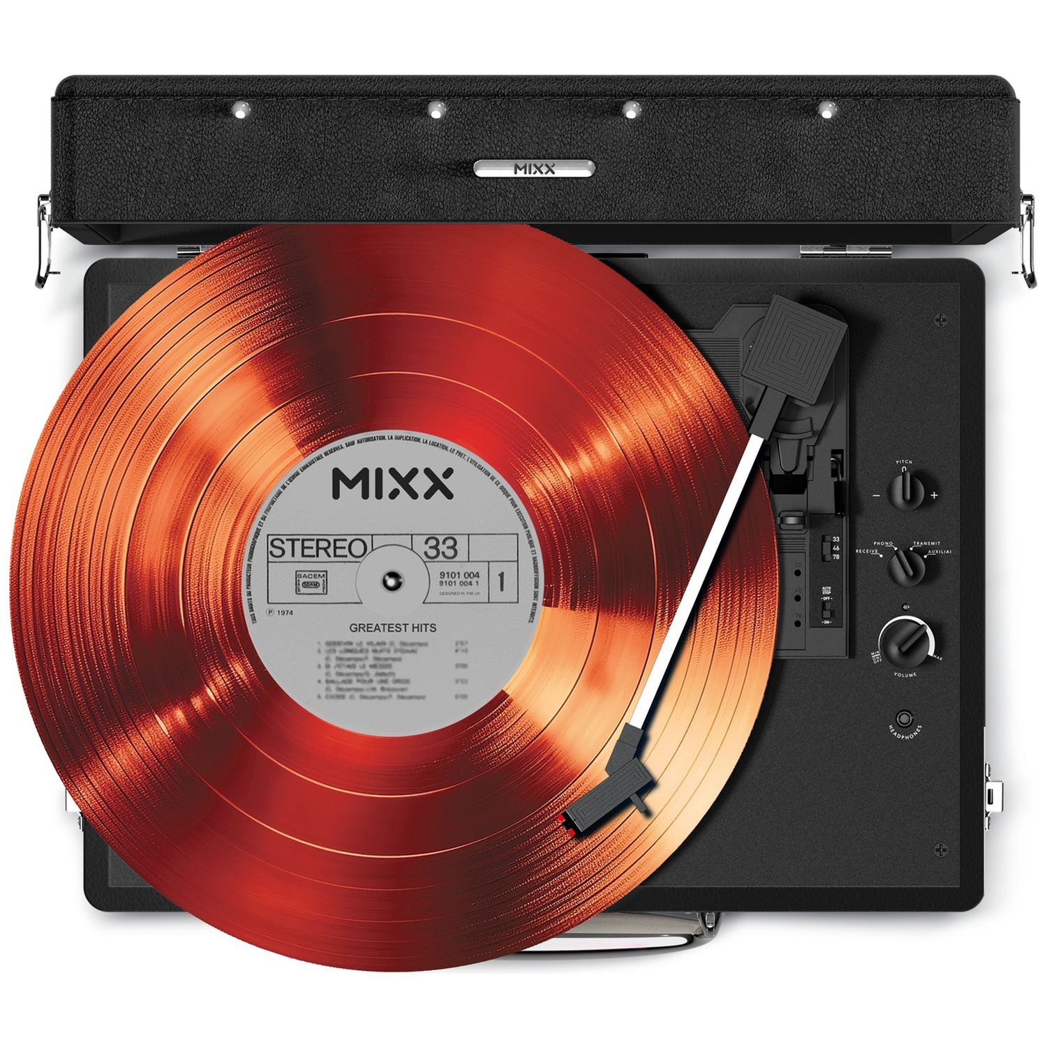Een rode vinylplaat draait op een zwarte platenspeler met MIXX-logo.