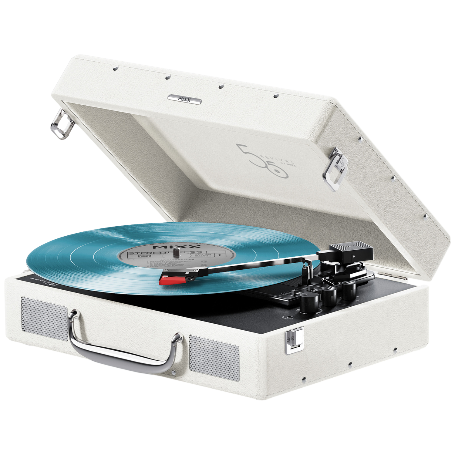 Open witte platenspeler met blauwe vinylplaat, toonarm en handvat.