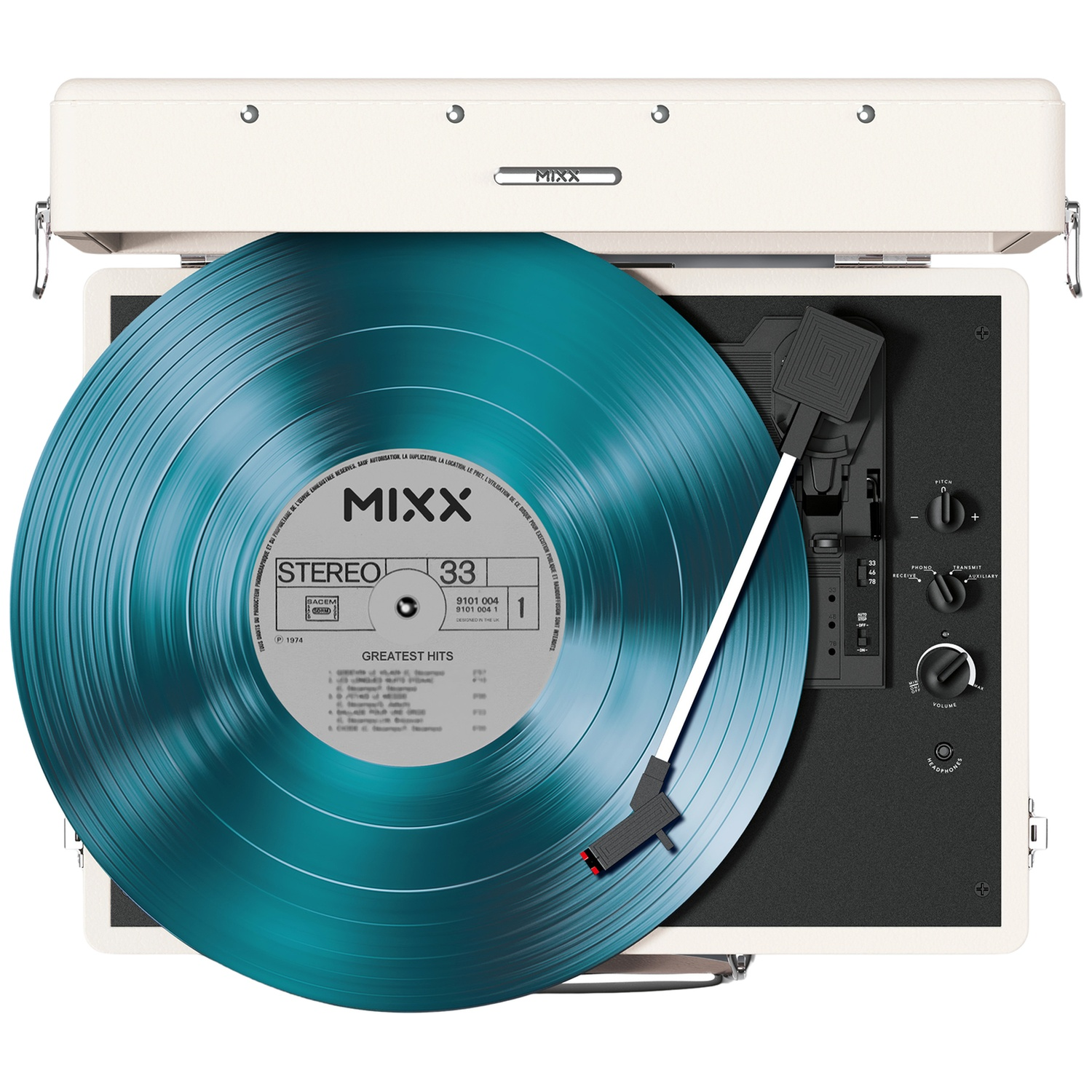 Een witte platenspeler met een blauwe vinylplaat en toonarm.