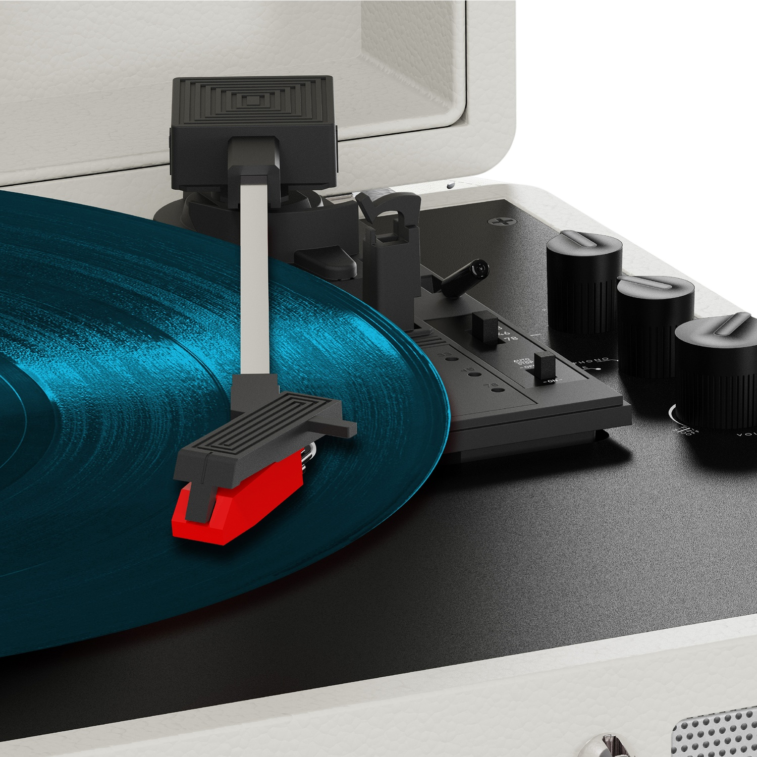 Een platenspeler met een blauwe vinylplaat en een rode naald.