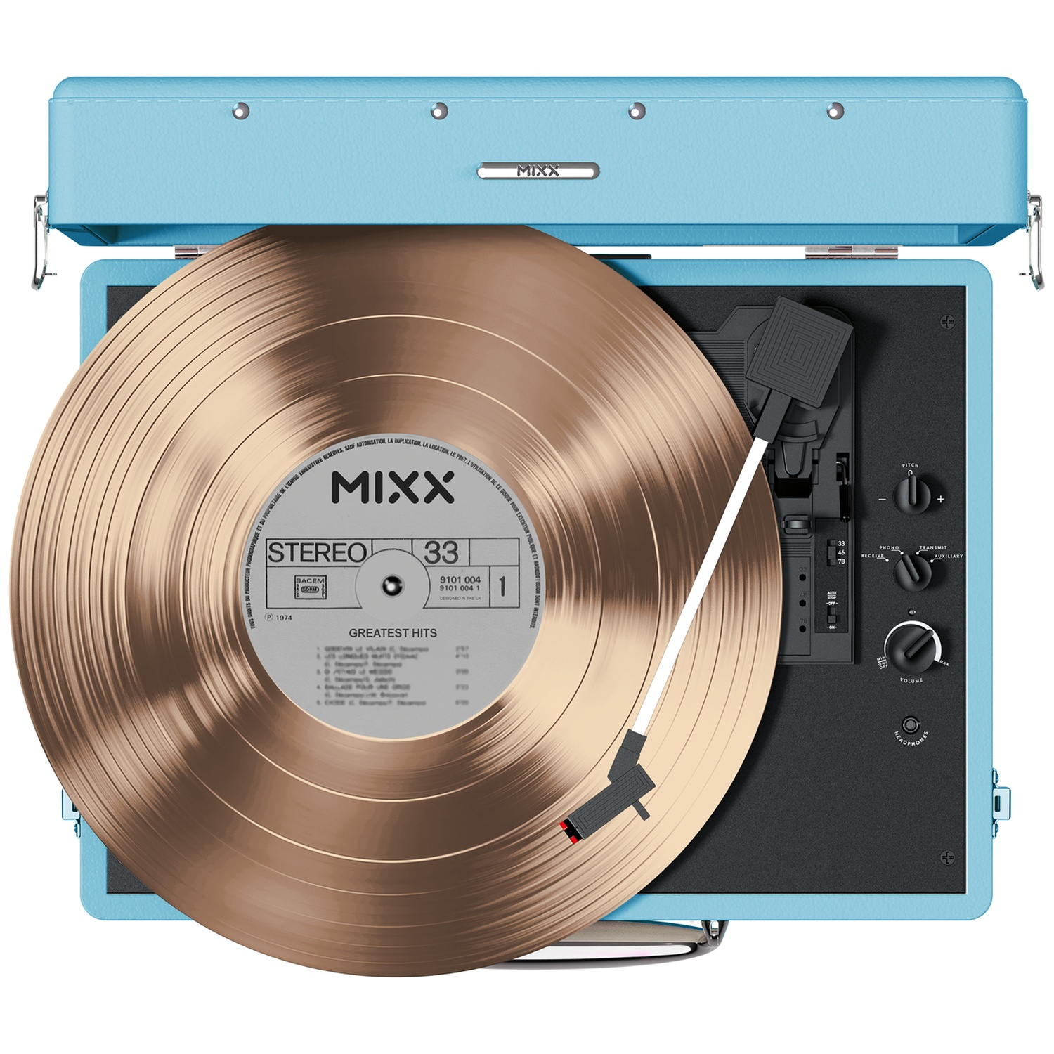 Een lichtblauwe platenspeler met een bronzen vinylplaat en toonarm.