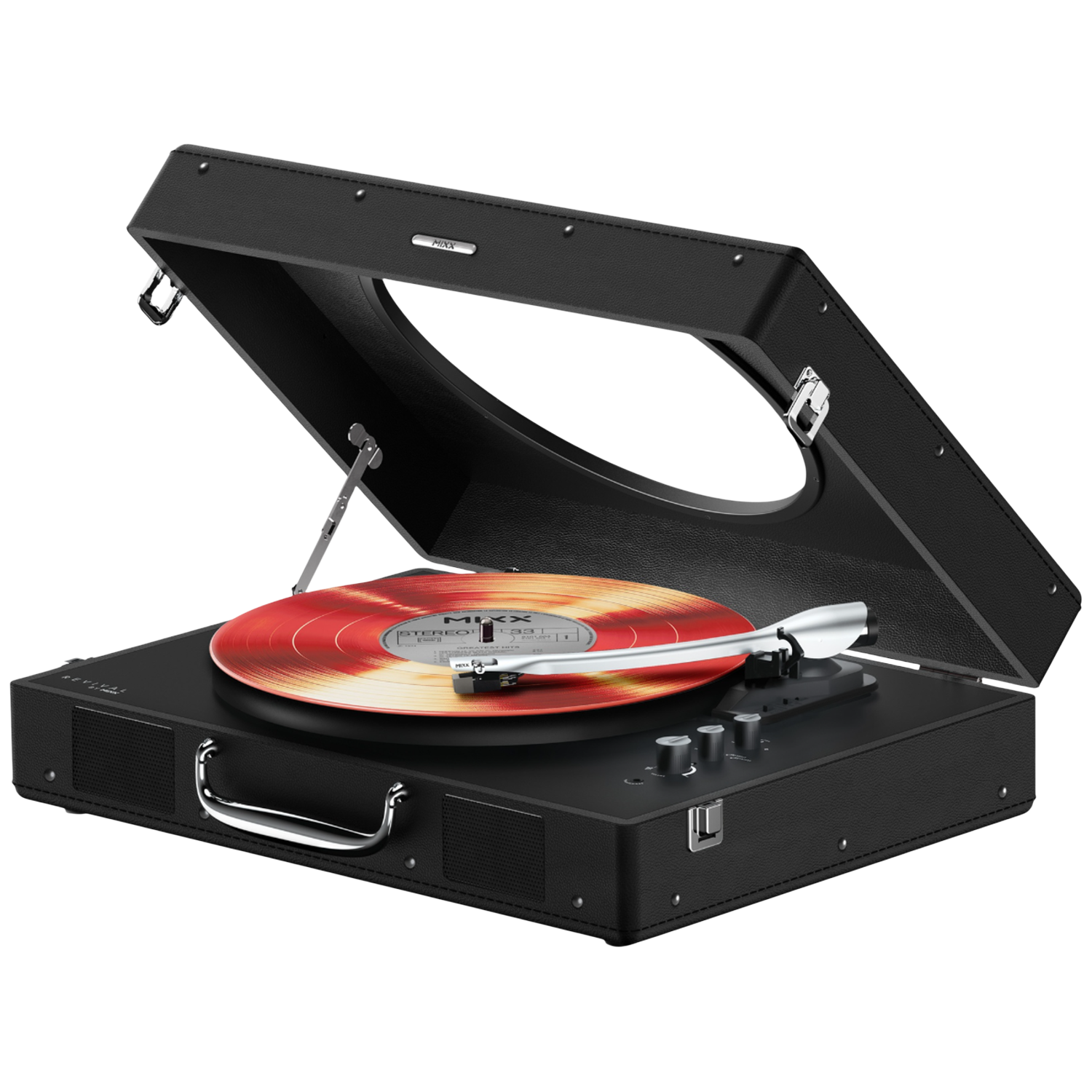 Tourne-disque noir style mallette, couvercle ouvert, jouant un disque rouge.