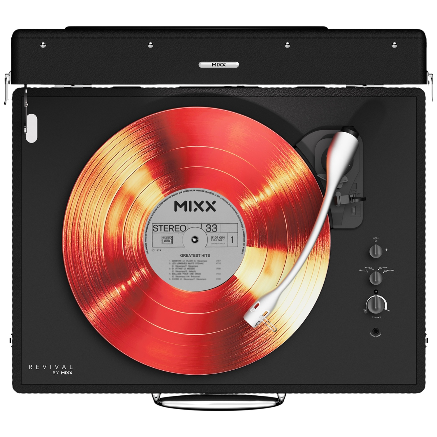 Un tourne-disque avec un disque vinyle rouge et son bras.