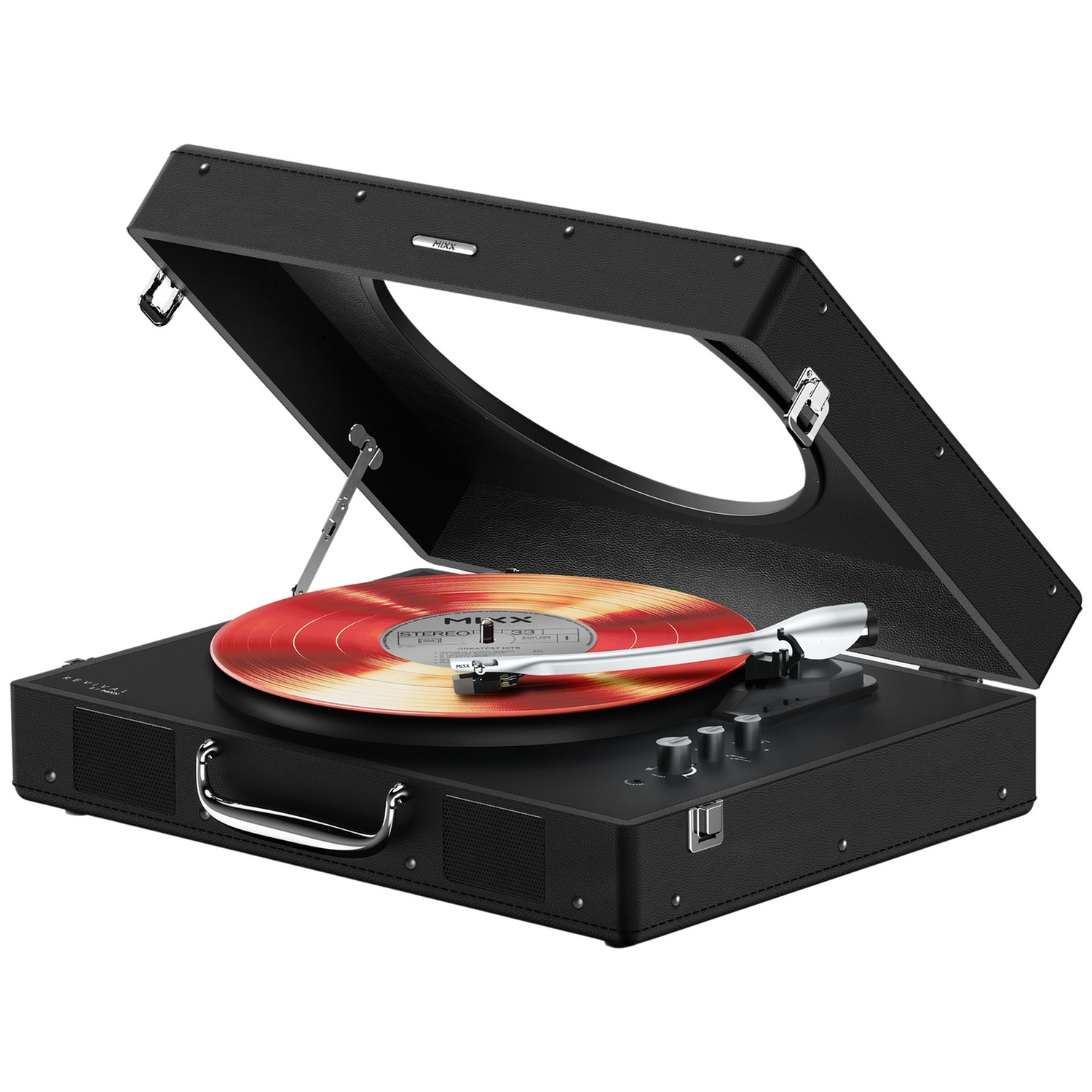 Platine vinyle noire style valise, couvercle ouvert, jouant un disque vinyle rouge.