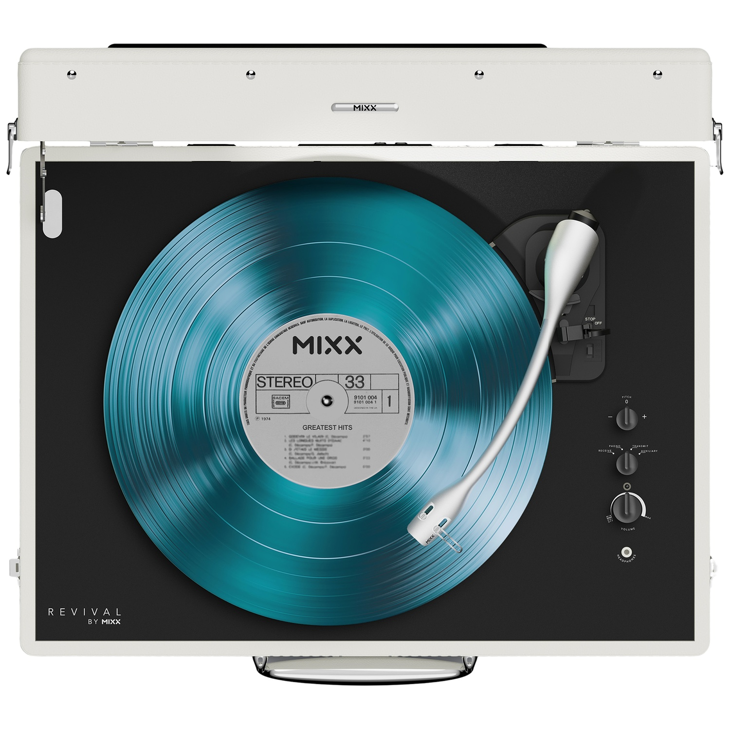 Een witte platenspeler met een blauwe vinylplaat en een toonarm.