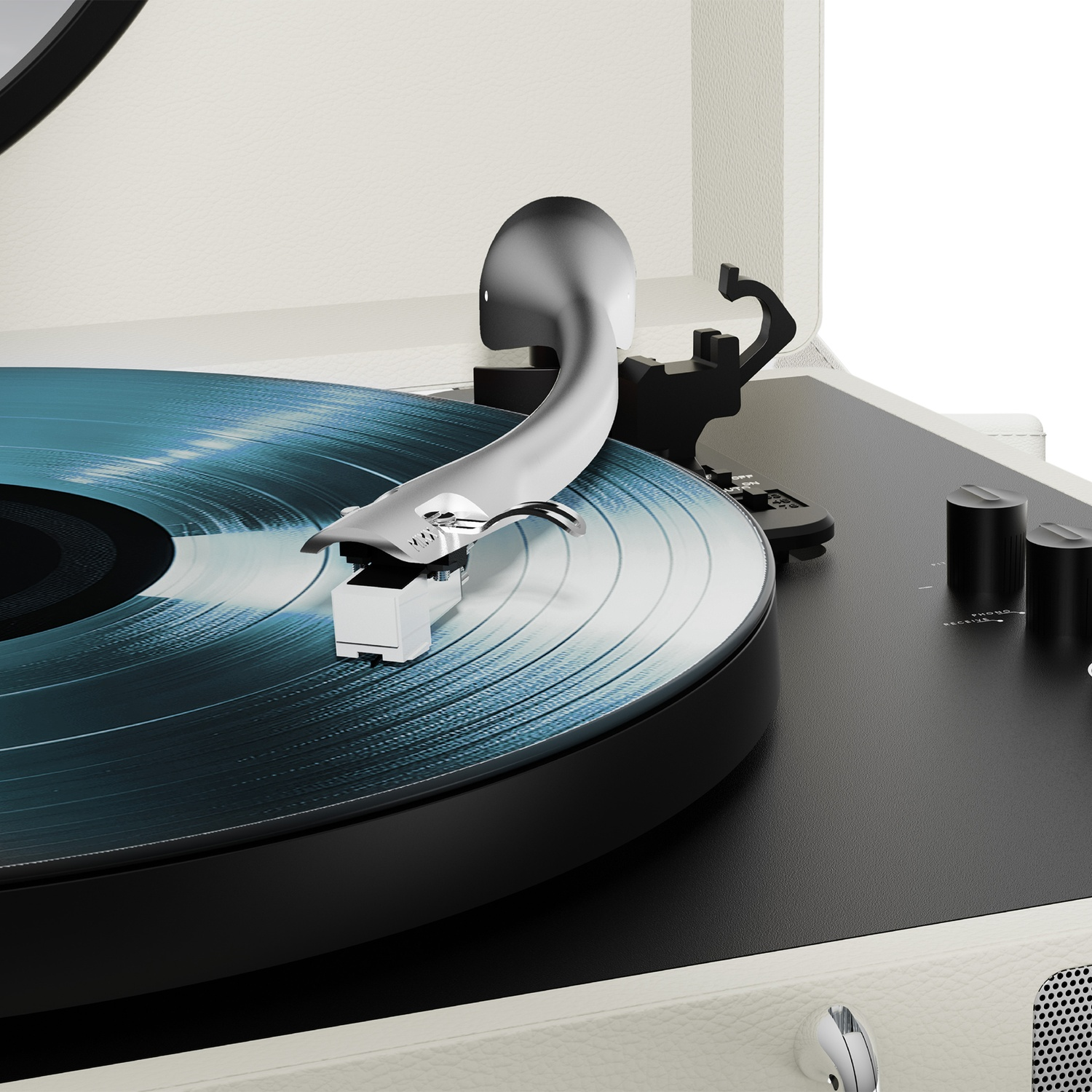 Een platenspeler met een blauwe vinylplaat die draait.