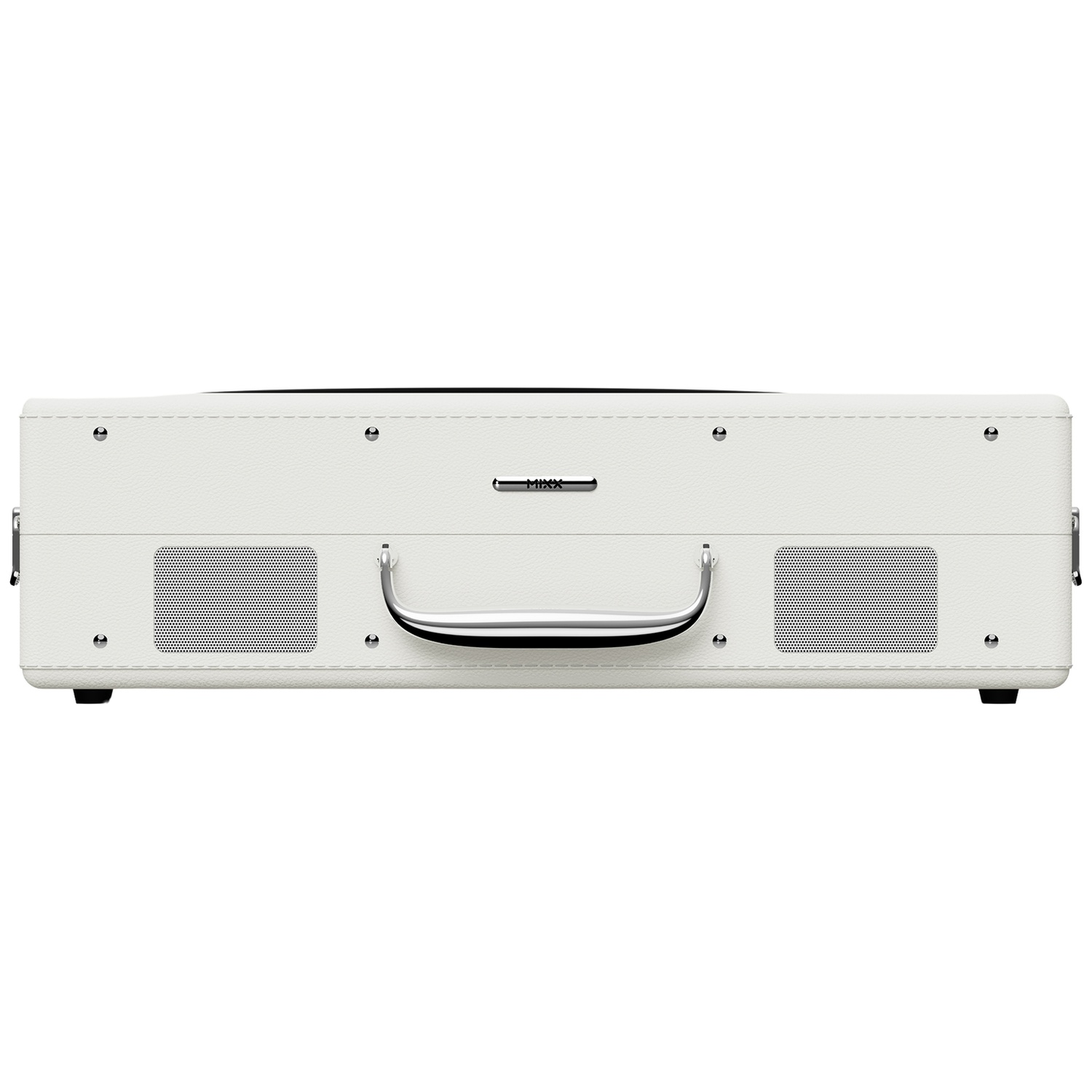 Witte koffer platenspeler met zilveren handvat en luidsprekerroosters.