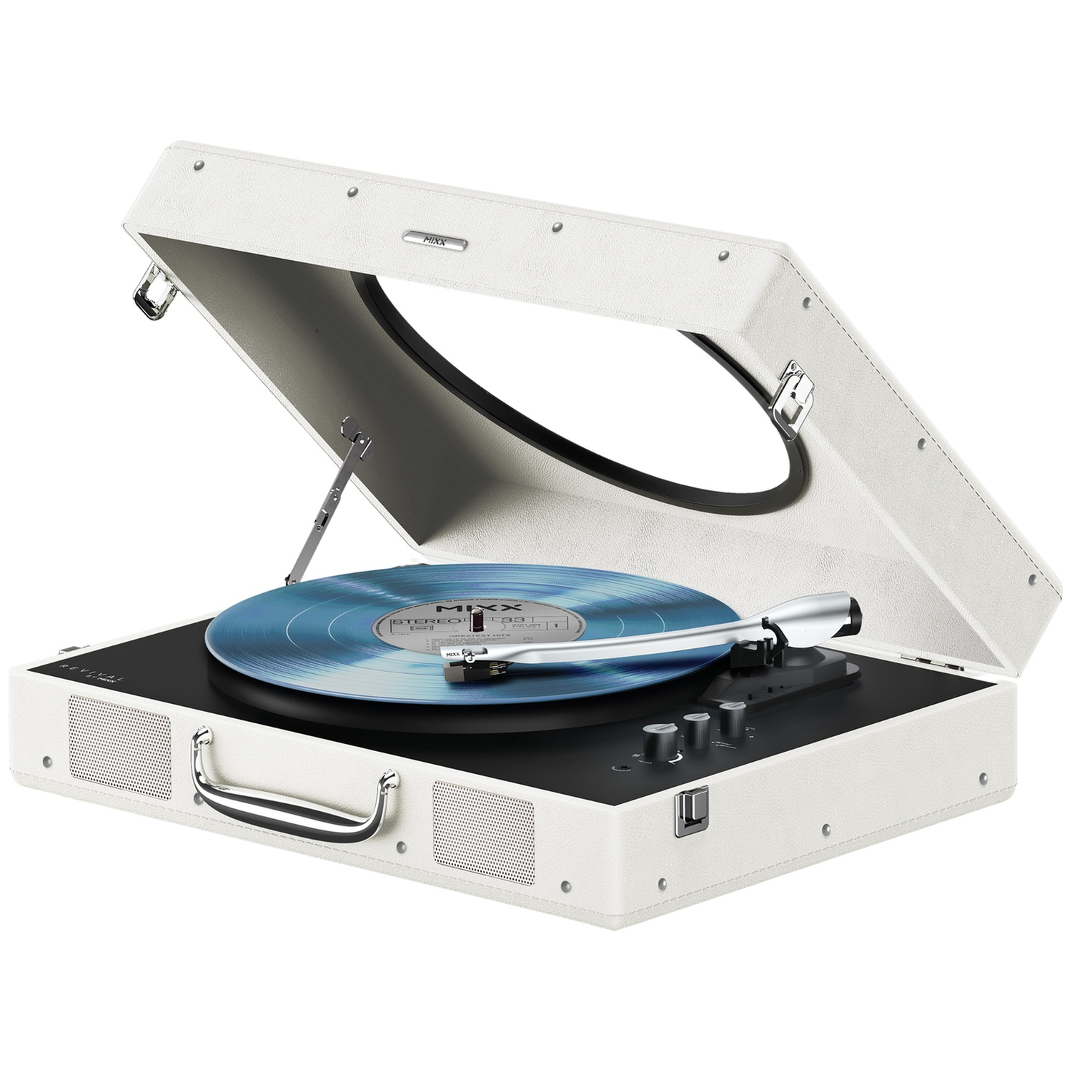 Een witte platenspeler met open deksel, met een blauwe vinylplaat erop.