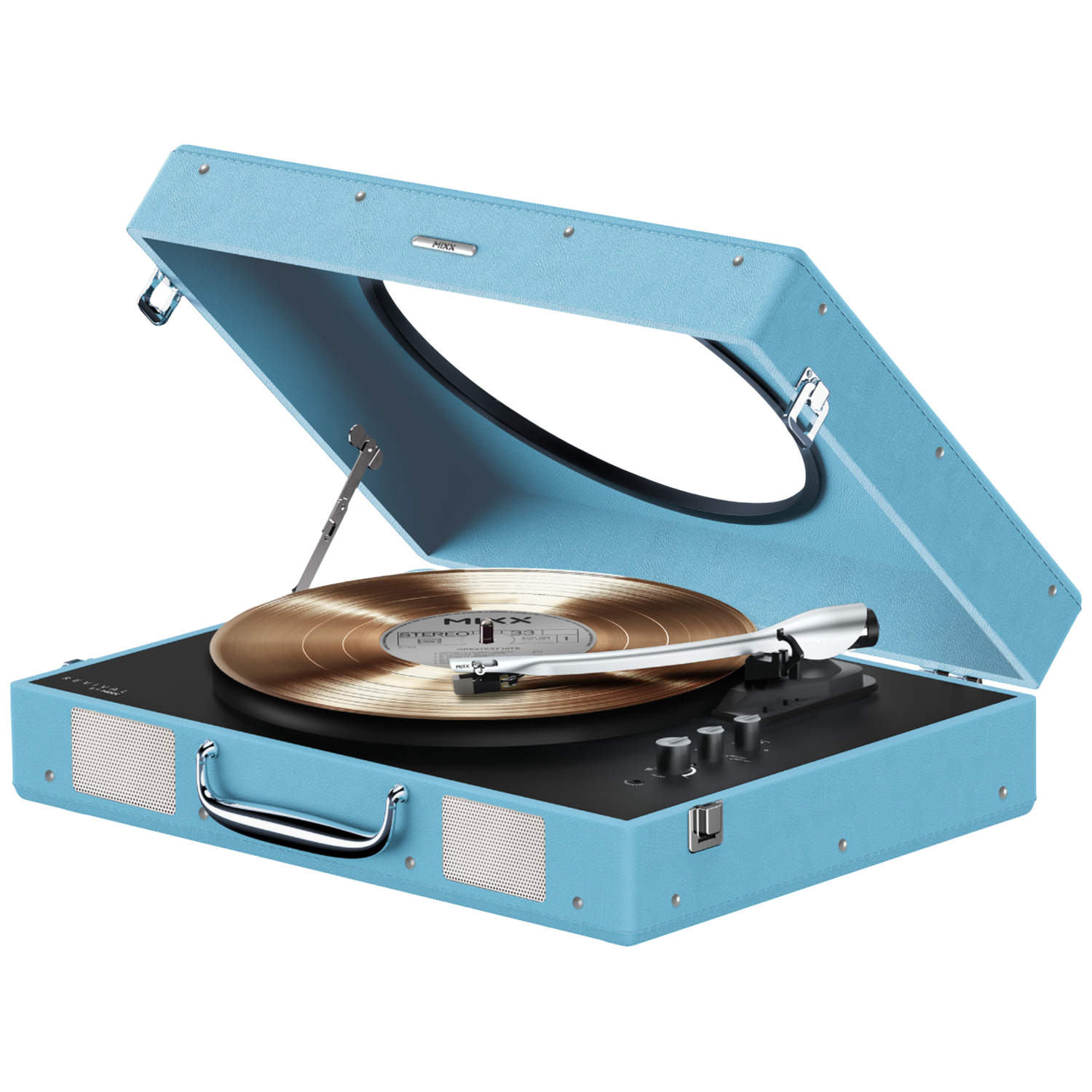 Un tourne-disque bleu clair avec son couvercle ouvert, jouant un disque d'or.