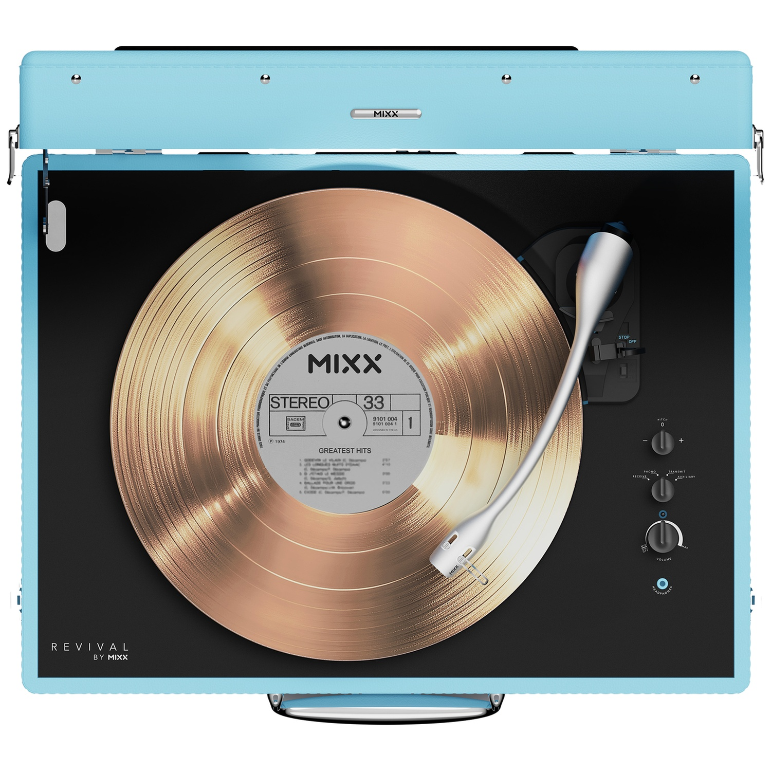Une platine vinyle bleu clair avec disque doré et bras.