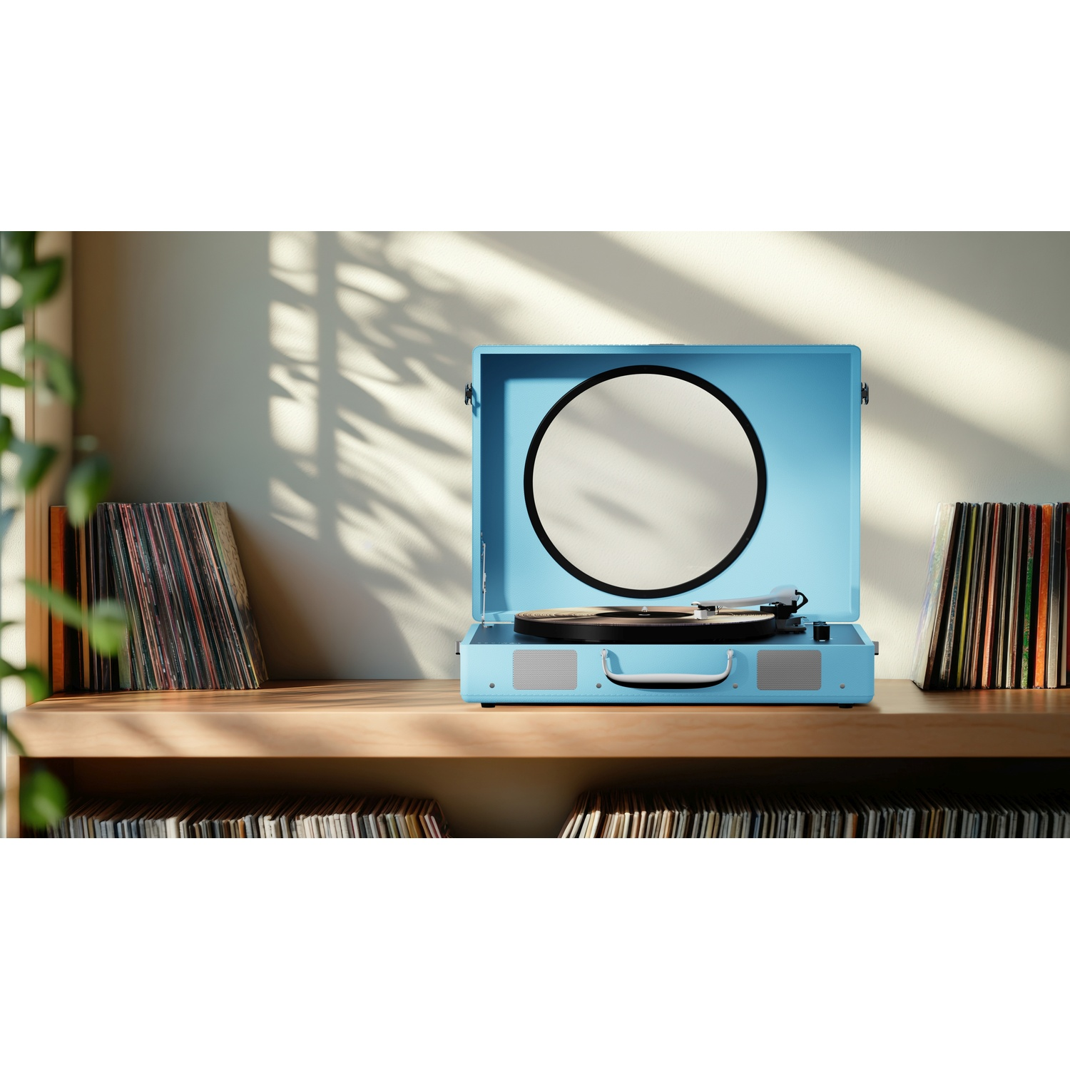 Un tourne-disque bleu clair, couvercle ouvert, est sur une étagère à côté de disques vinyles.