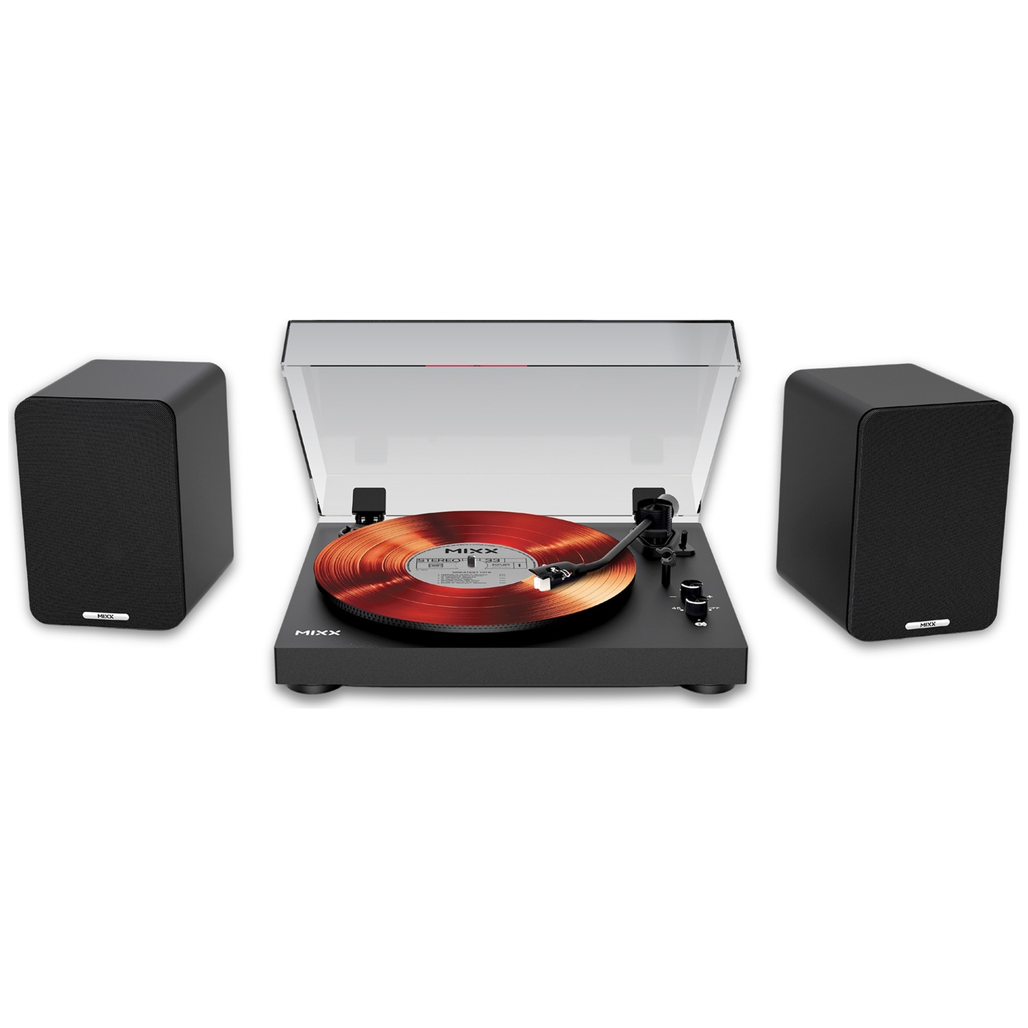 Een zwarte platenspeler met twee luidsprekers en een rode vinylplaat.